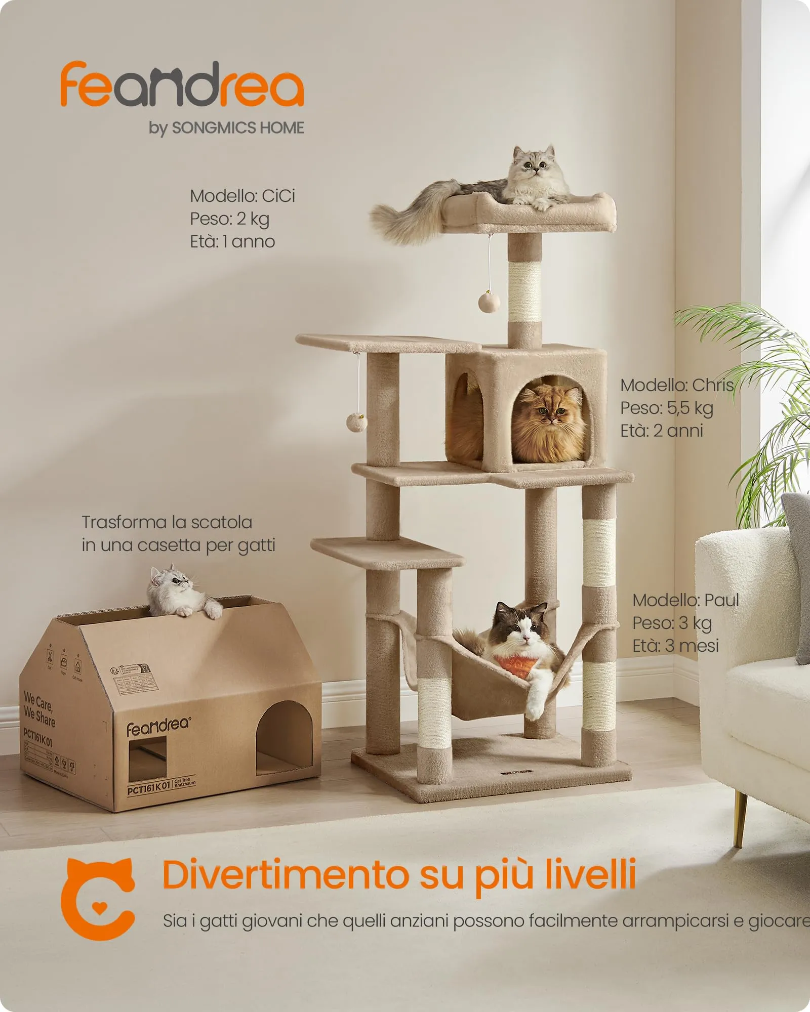 Feandrea Albero per Gatti, 143 cm, 4 Pali Graffiatoi, Multi Livello, Marrone Cammello - immagine 2