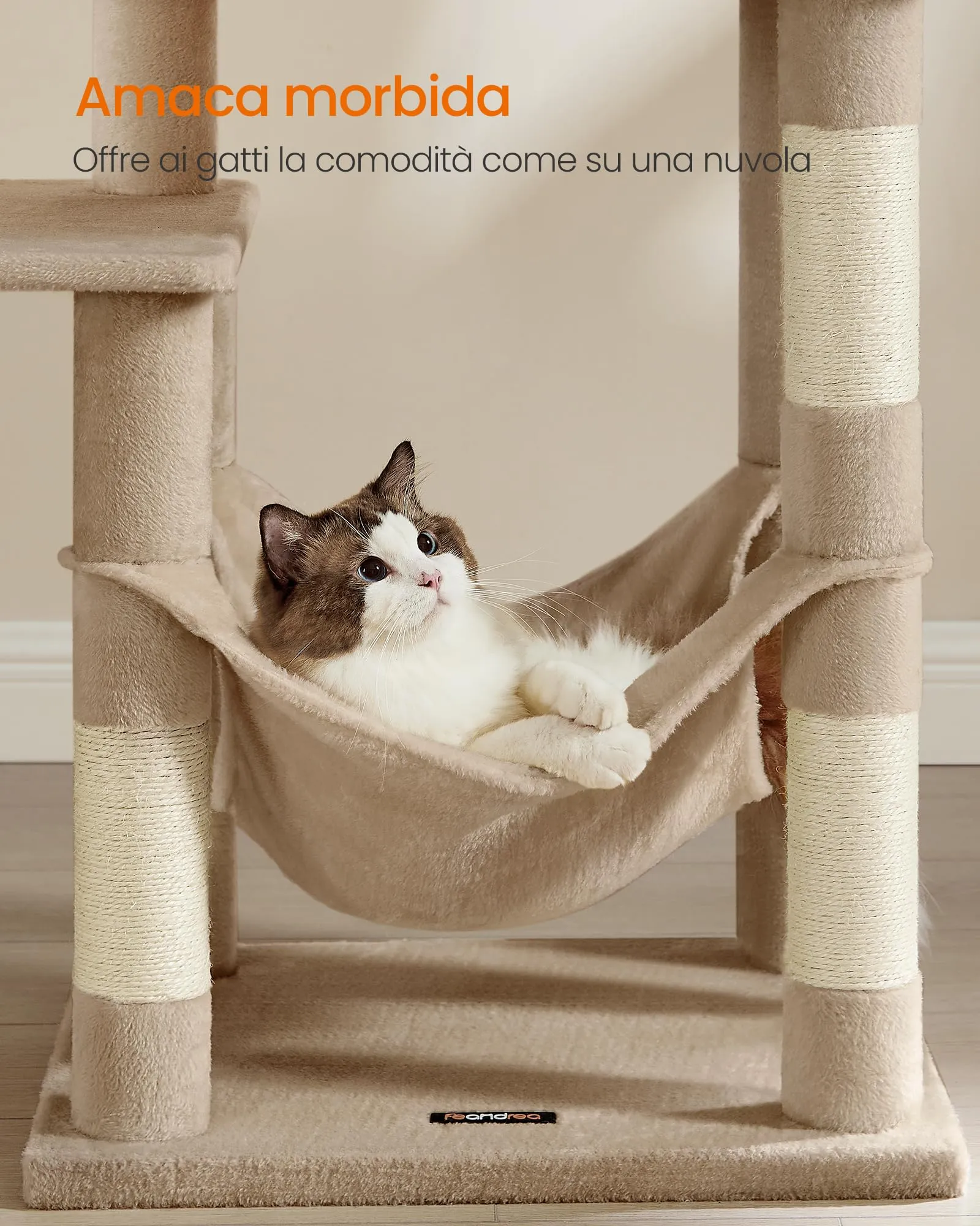 Feandrea Albero per Gatti, 143 cm, 4 Pali Graffiatoi, Multi Livello, Marrone Cammello - immagine 4