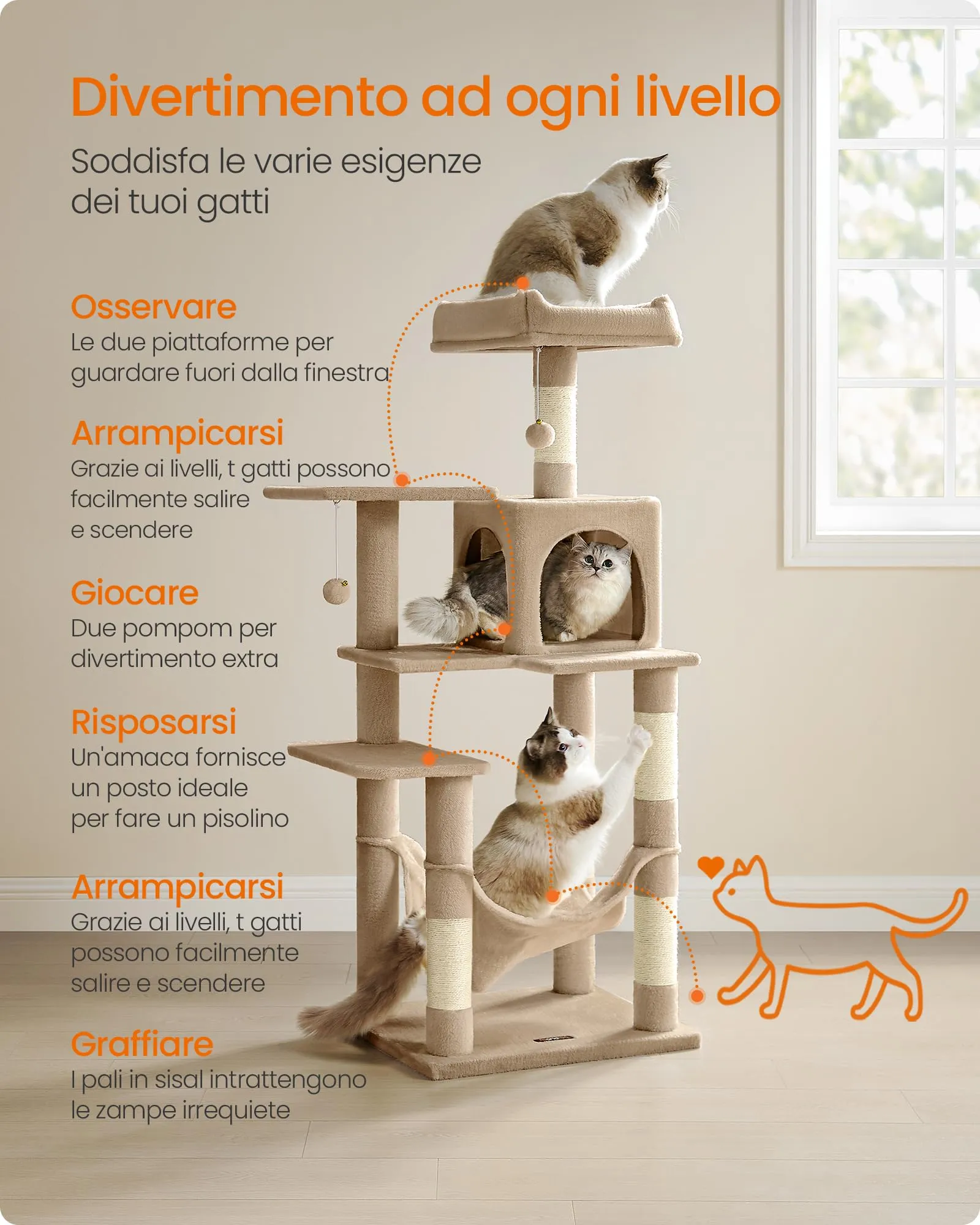Feandrea Albero per Gatti, 143 cm, 4 Pali Graffiatoi, Multi Livello, Marrone Cammello - immagine 5