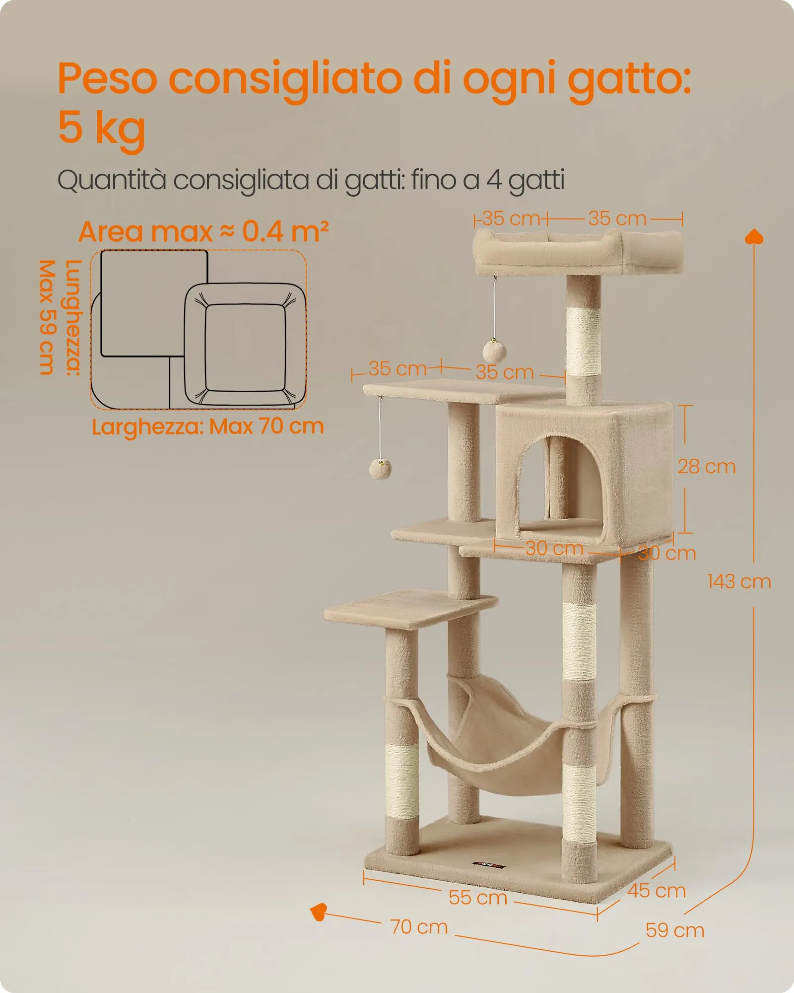 Feandrea Albero per Gatti, 143 cm, 4 Pali Graffiatoi, Multi Livello, Marrone Cammello - immagine 7