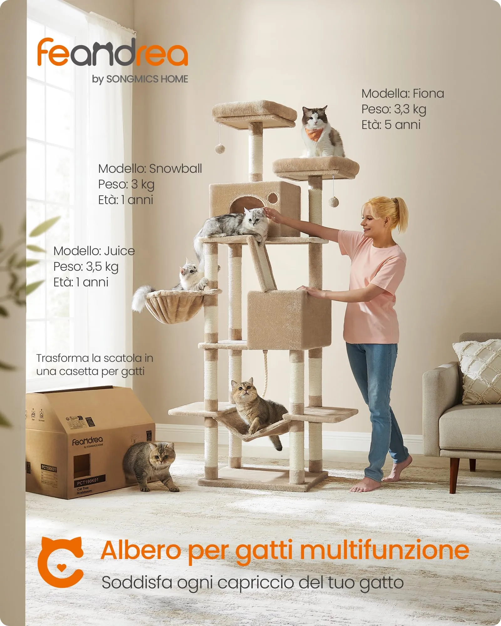 Feandrea Albero per Gatti XXL, 206 cm, con 13 Graffiatoi, 2 Posatoi, 2 Grotte e Cesto, Marrone Cammello PCT190K01 - immagine 2
