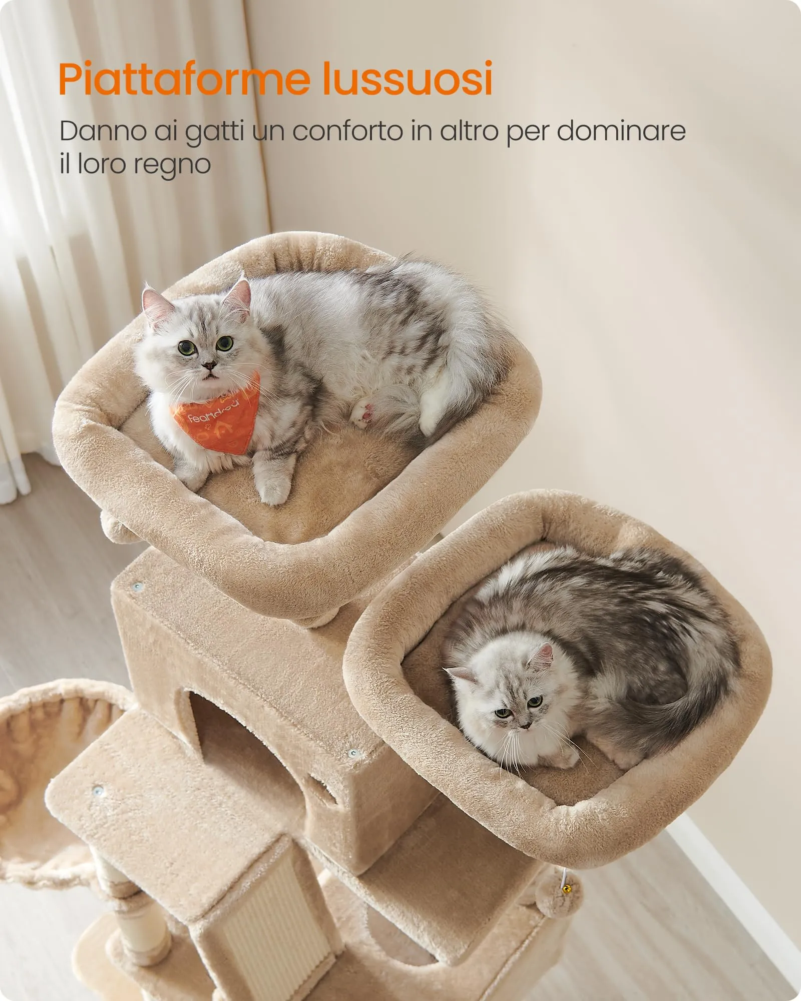 Feandrea Albero per Gatti XXL, 206 cm, con 13 Graffiatoi, 2 Posatoi, 2 Grotte e Cesto, Marrone Cammello PCT190K01 - immagine 3
