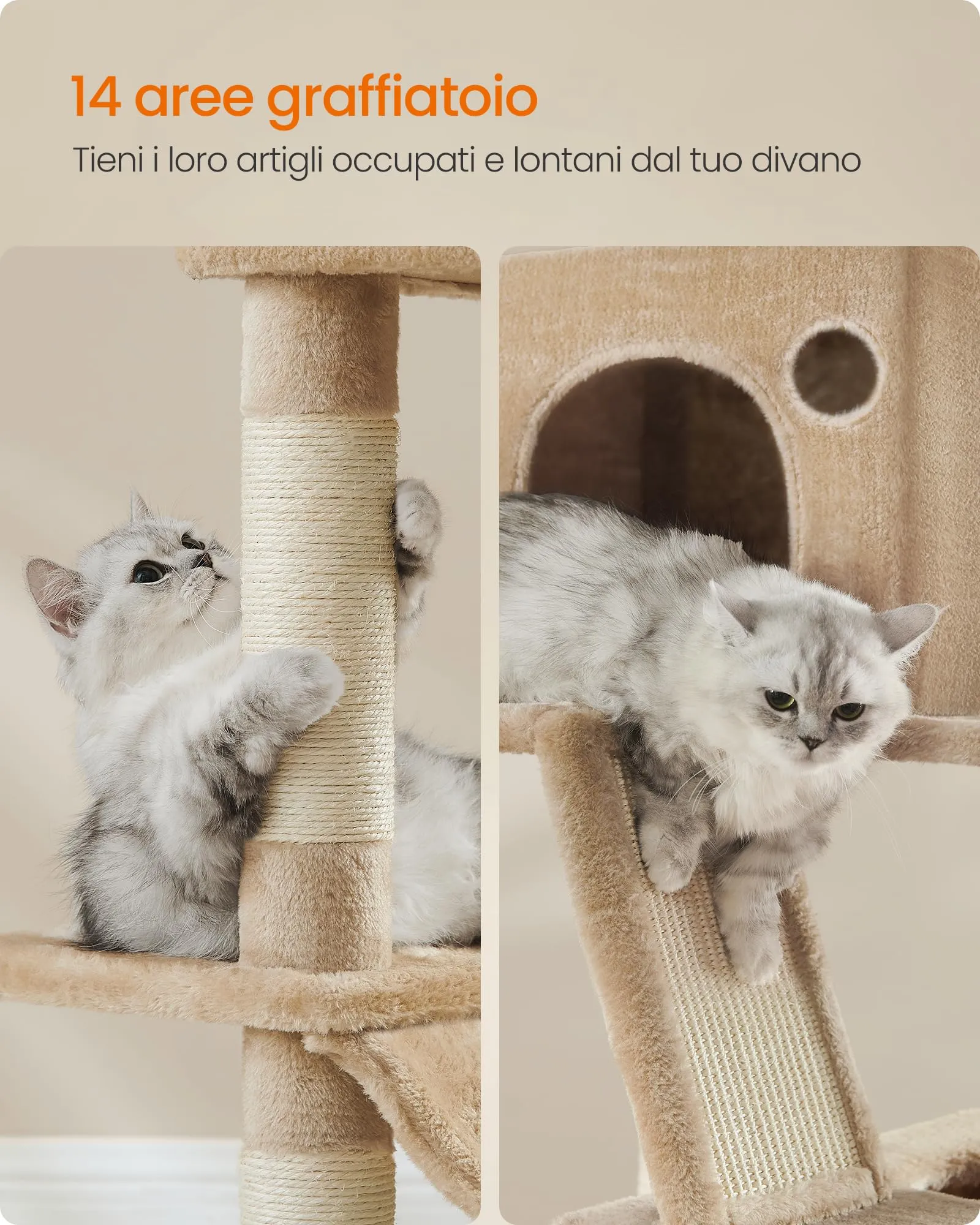 Feandrea Albero per Gatti XXL, 206 cm, con 13 Graffiatoi, 2 Posatoi, 2 Grotte e Cesto, Marrone Cammello PCT190K01 - immagine 5