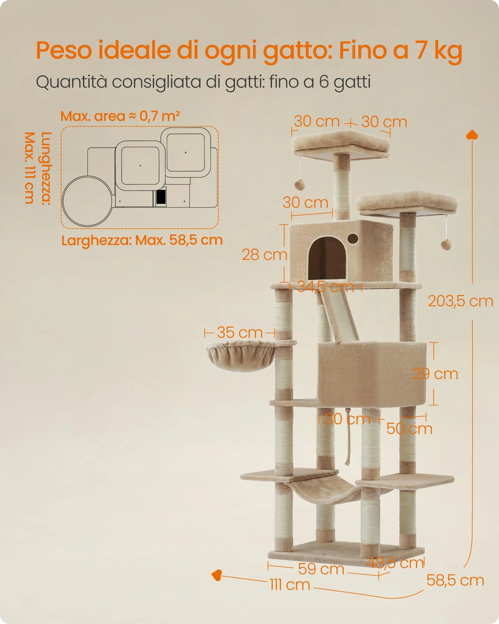 Feandrea Albero per Gatti XXL, 206 cm, con 13 Graffiatoi, 2 Posatoi, 2 Grotte e Cesto, Marrone Cammello PCT190K01 - immagine 6