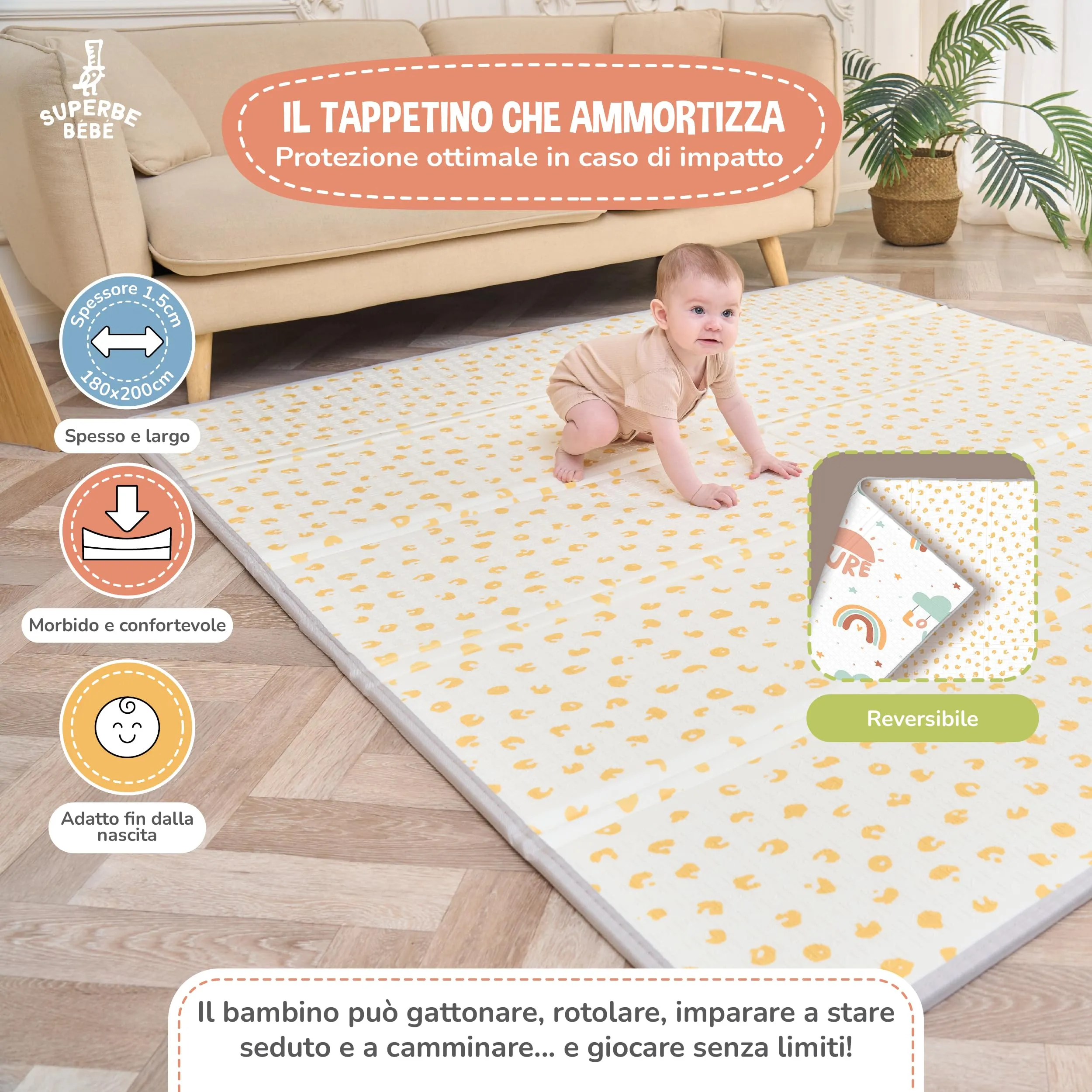 SUPERBE BEBE Tappeto Gioco Bambini Pieghevole 180x200x1.5cm Montessori Reversibile in Schiuma - immagine 2