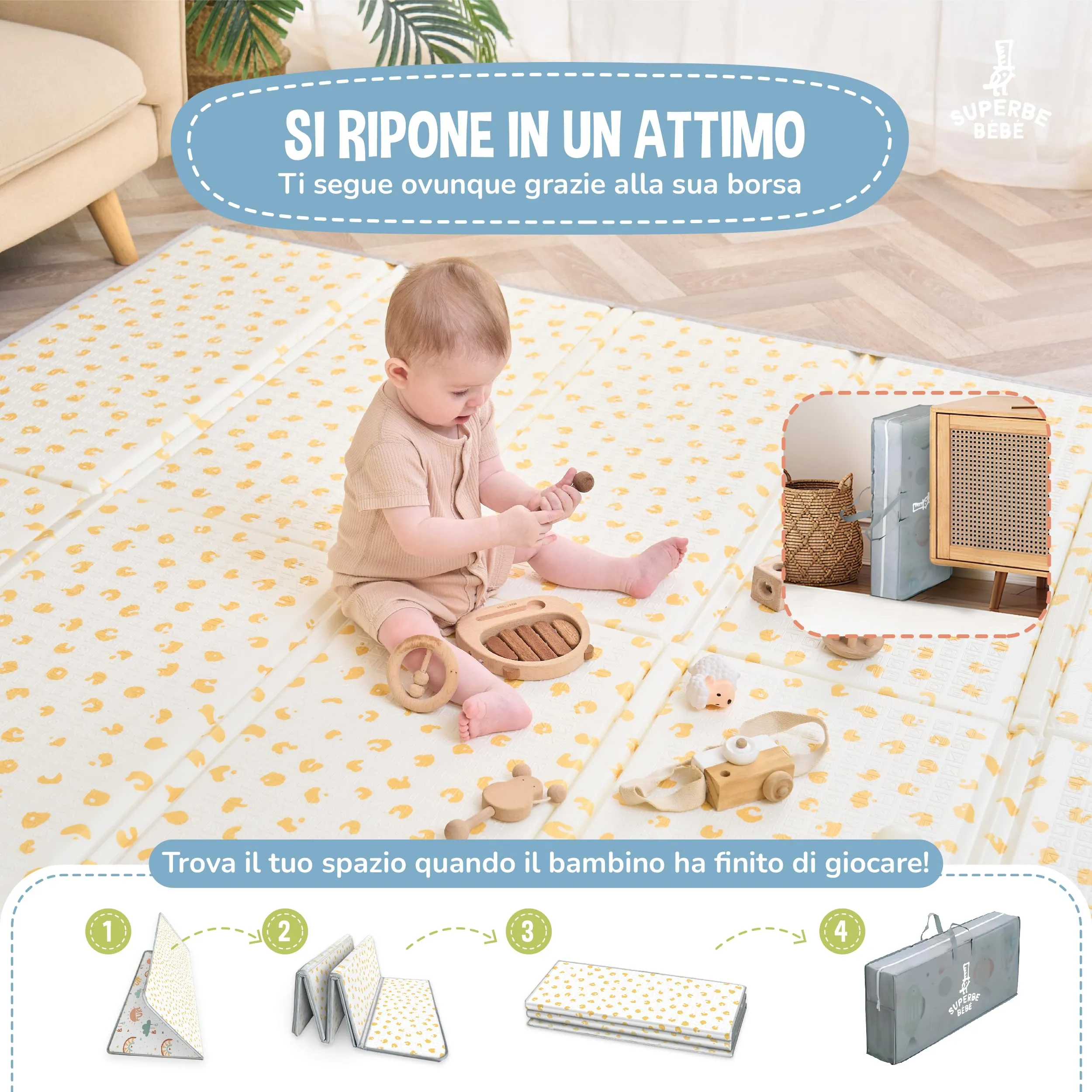 SUPERBE BEBE Tappeto Gioco Bambini Pieghevole 180x200x1.5cm Montessori Reversibile in Schiuma - immagine 3