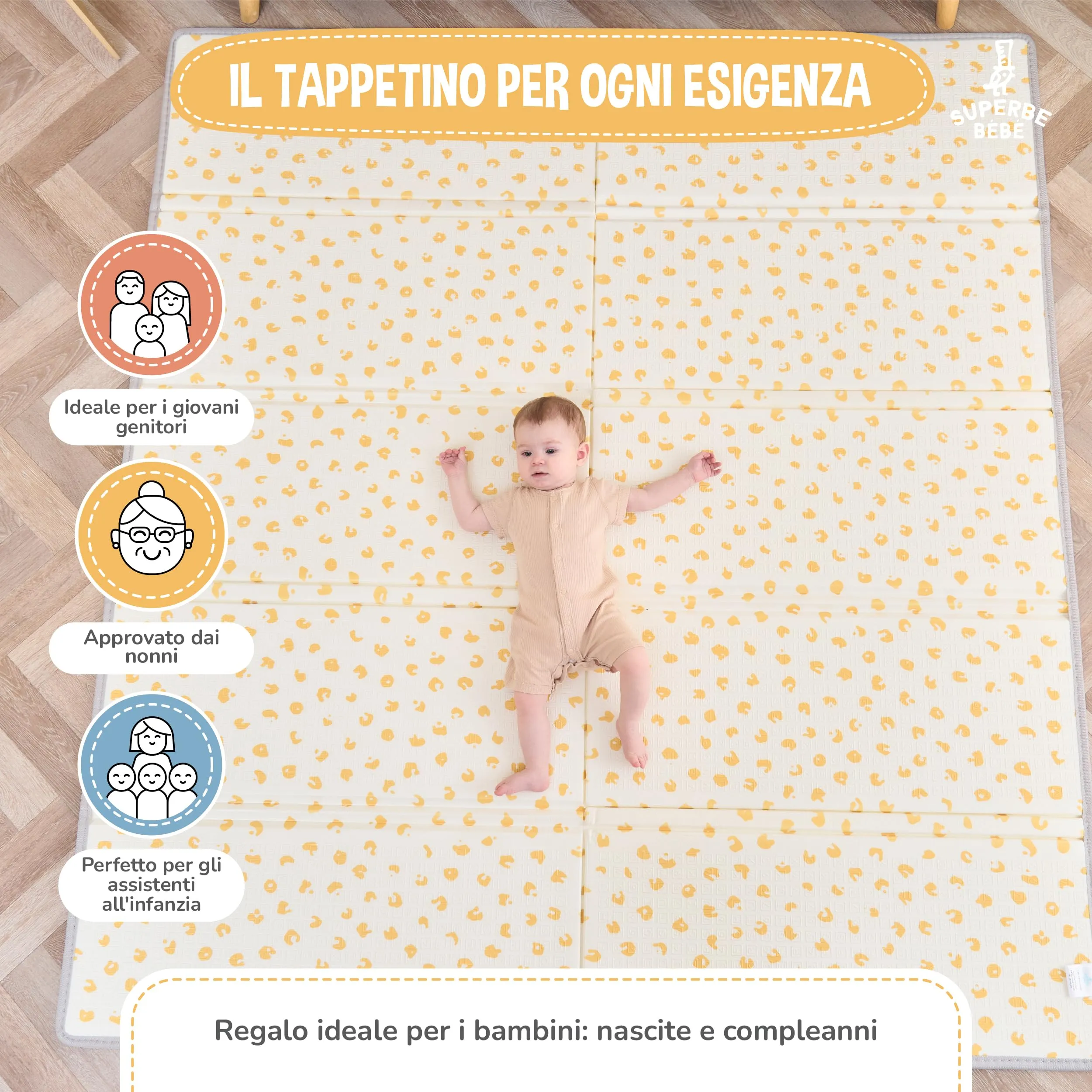 SUPERBE BEBE Tappeto Gioco Bambini Pieghevole 180x200x1.5cm Montessori Reversibile in Schiuma - immagine 4