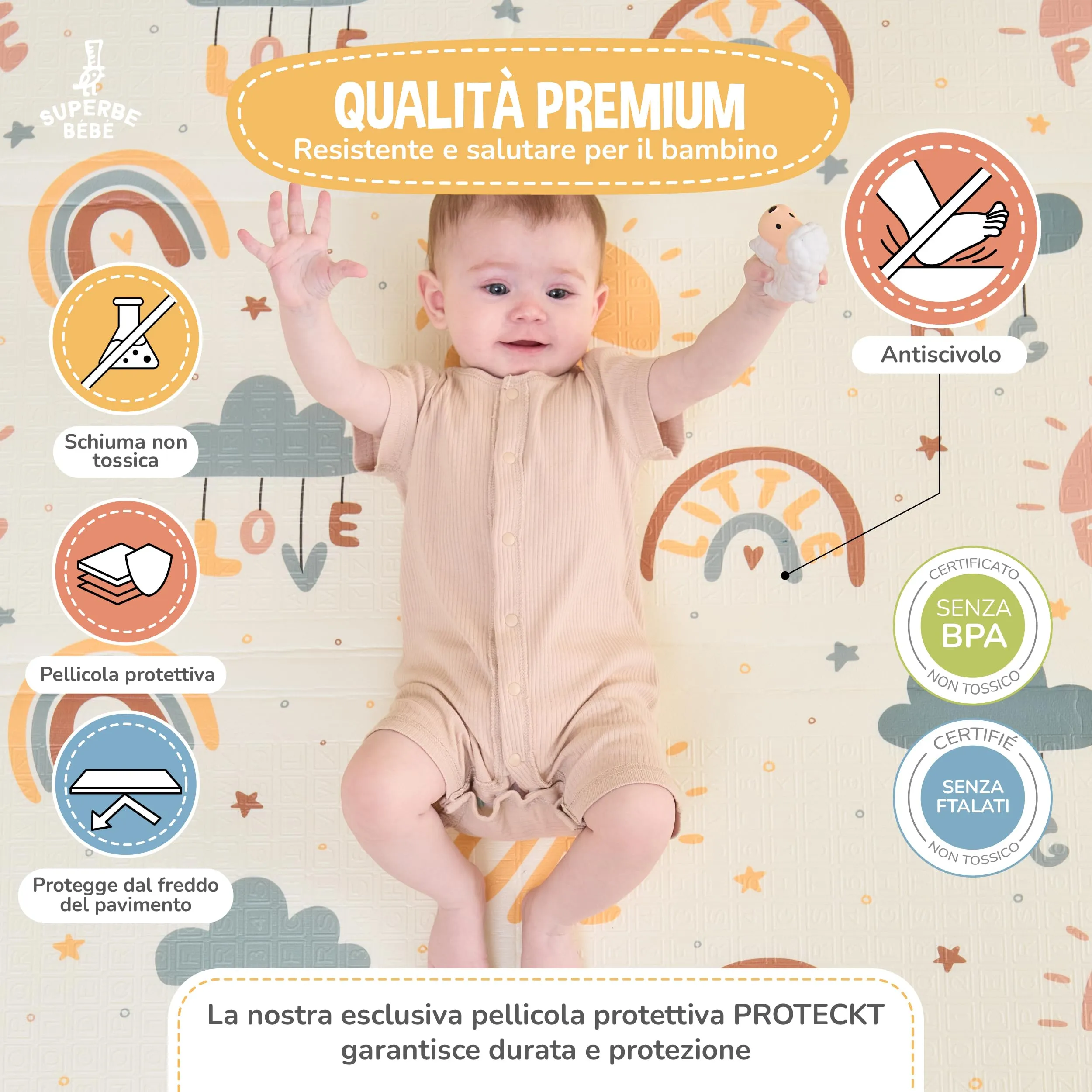 SUPERBE BEBE Tappeto Gioco Bambini Pieghevole 180x200x1.5cm Montessori Reversibile in Schiuma - immagine 5