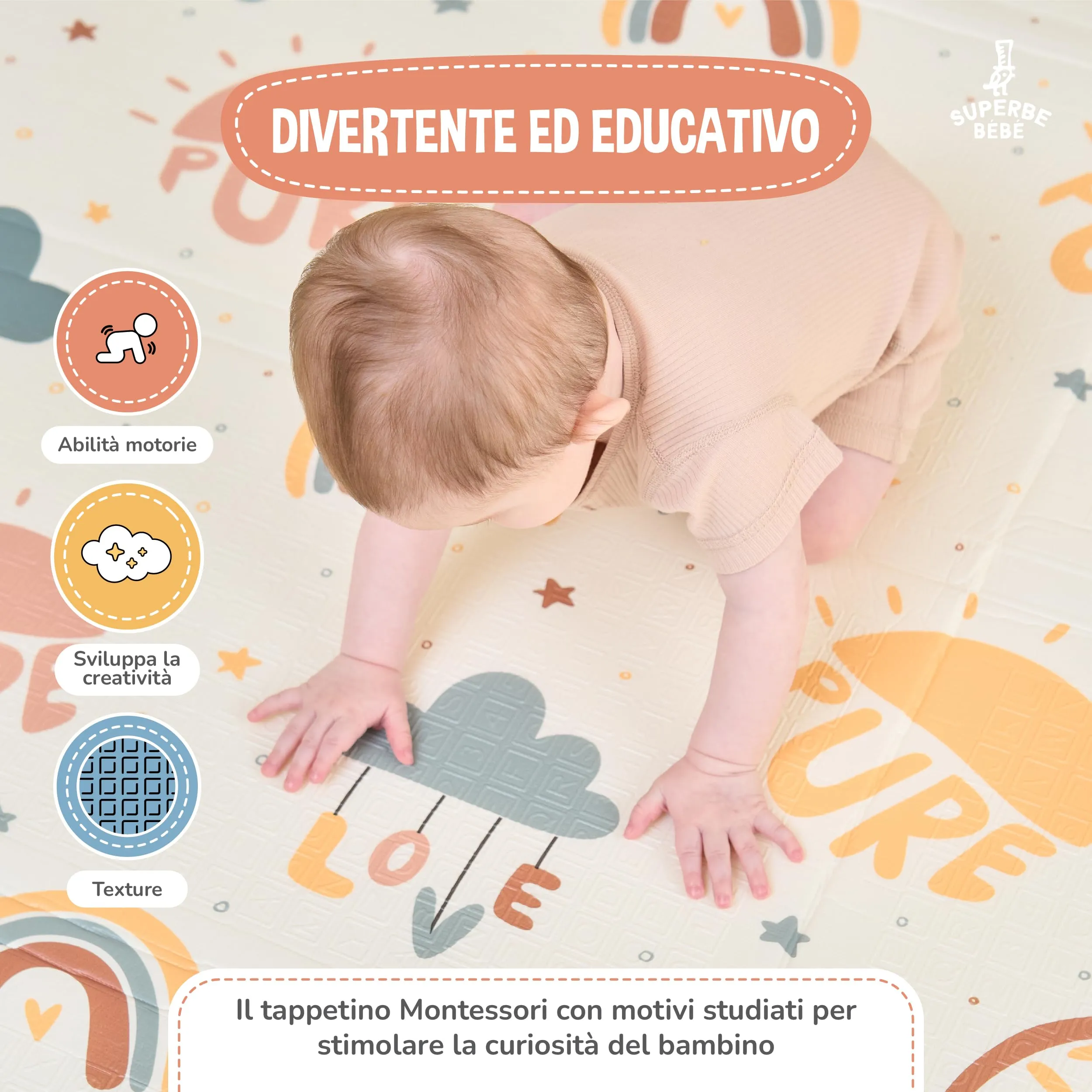 SUPERBE BEBE Tappeto Gioco Bambini Pieghevole 180x200x1.5cm Montessori Reversibile in Schiuma - immagine 6