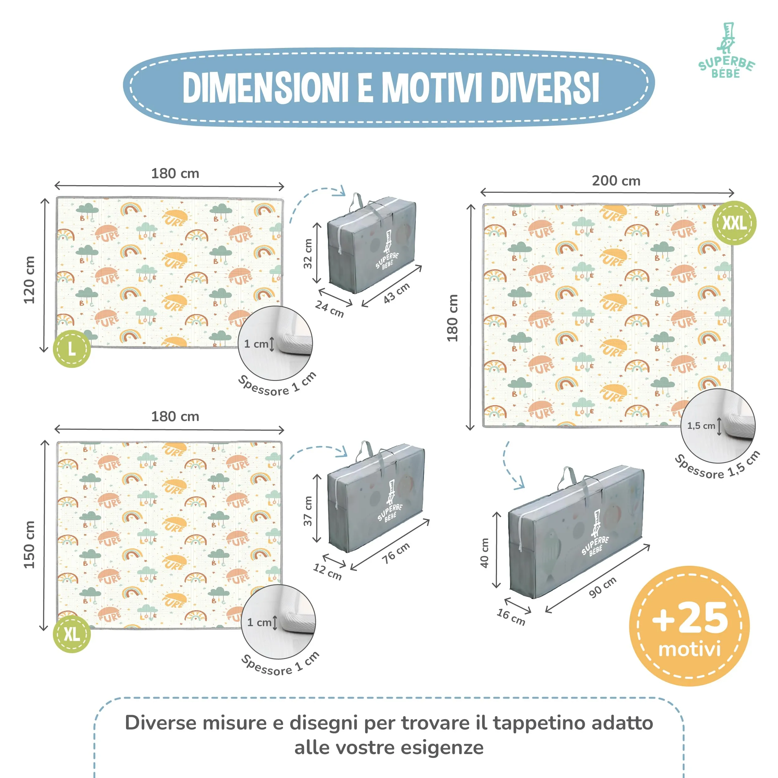 SUPERBE BEBE Tappeto Gioco Bambini Pieghevole 180x200x1.5cm Montessori Reversibile in Schiuma - immagine 7