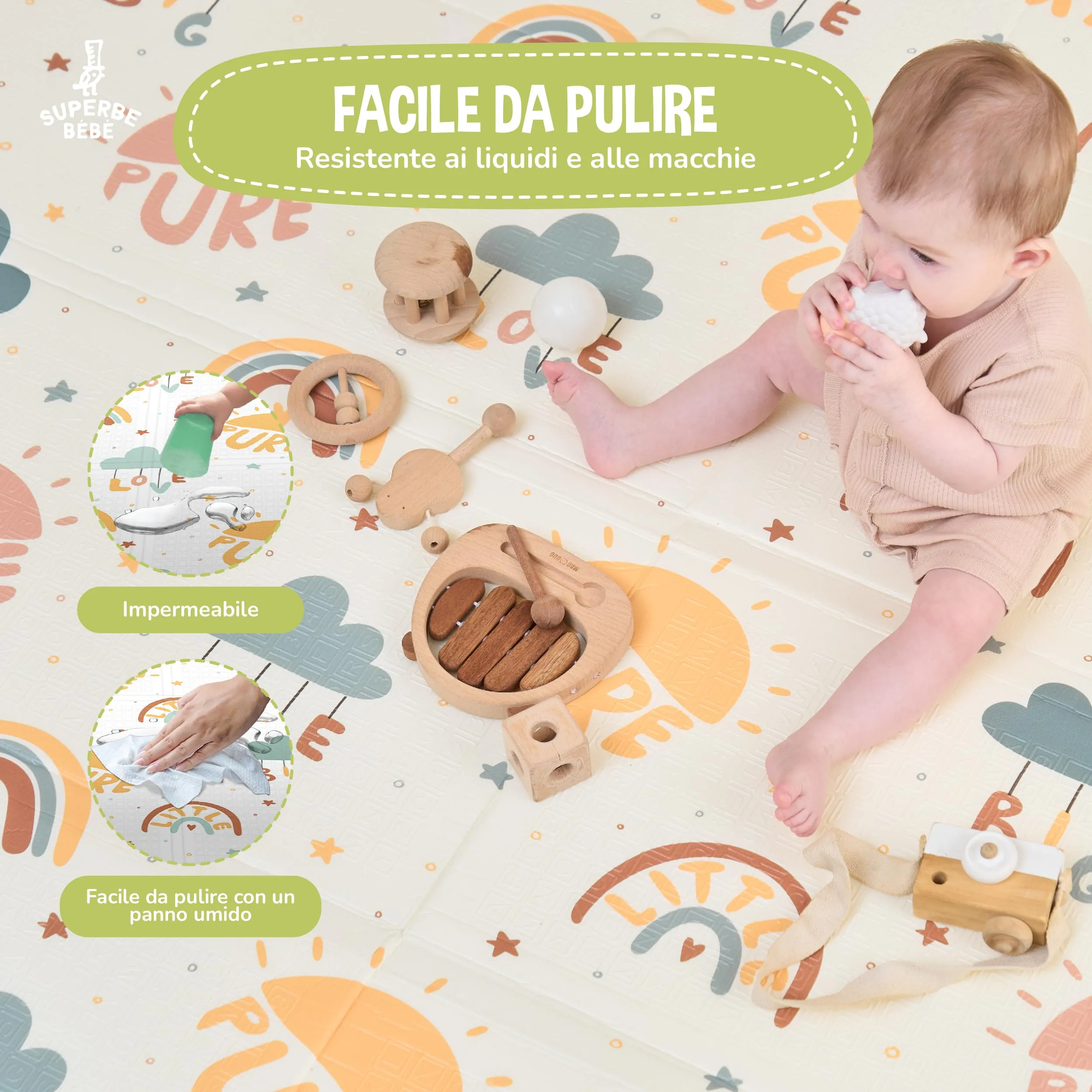 SUPERBE BEBE Tappeto Gioco Bambini Pieghevole 180x200x1.5cm Montessori Reversibile in Schiuma - immagine 8