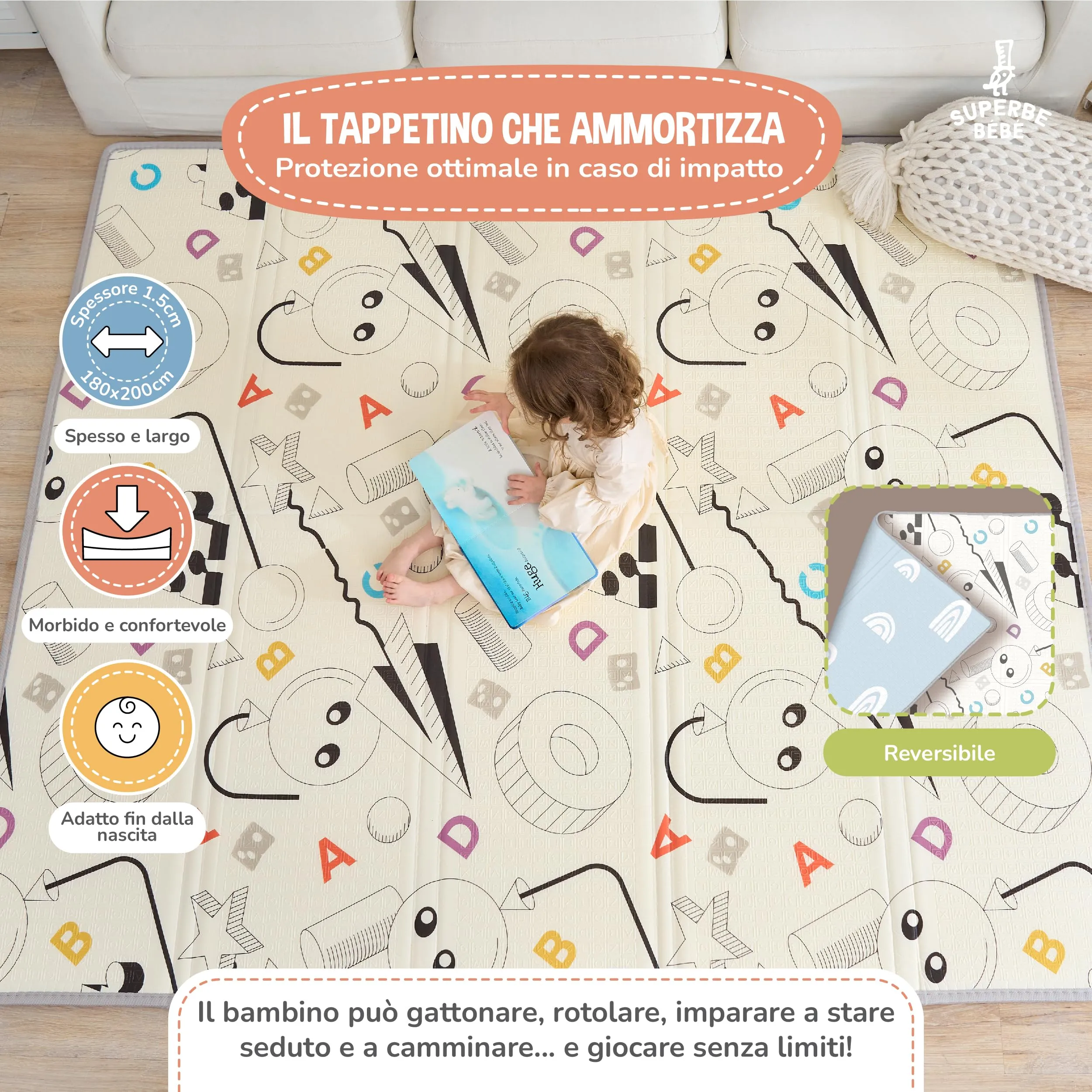SUPERBE BEBE Tappeto Gioco Bambini Pieghevole Montessori 180x200x1.5cm Reversibile in Schiuma XPE - immagine 2