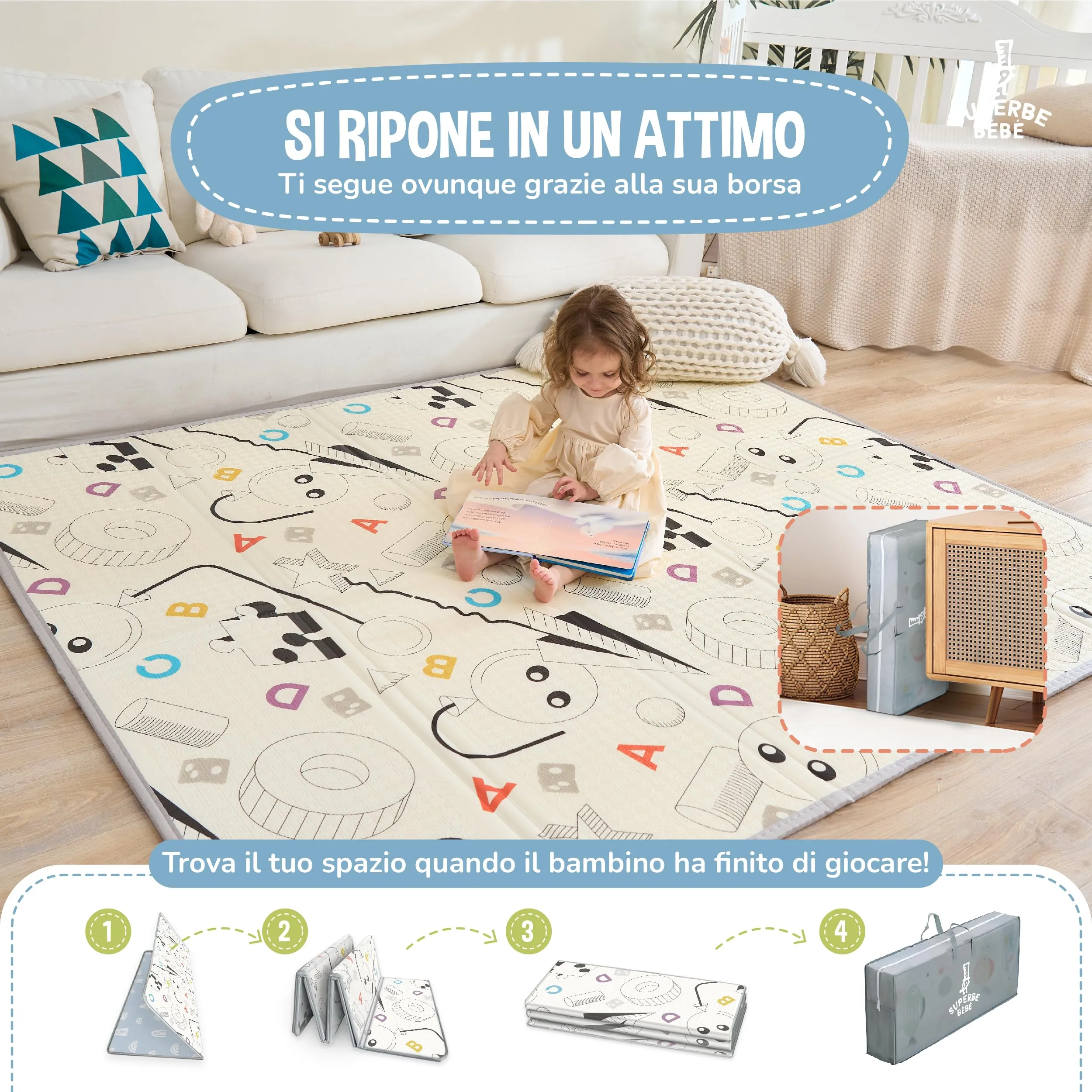 SUPERBE BEBE Tappeto Gioco Bambini Pieghevole Montessori 180x200x1.5cm Reversibile in Schiuma XPE - immagine 3
