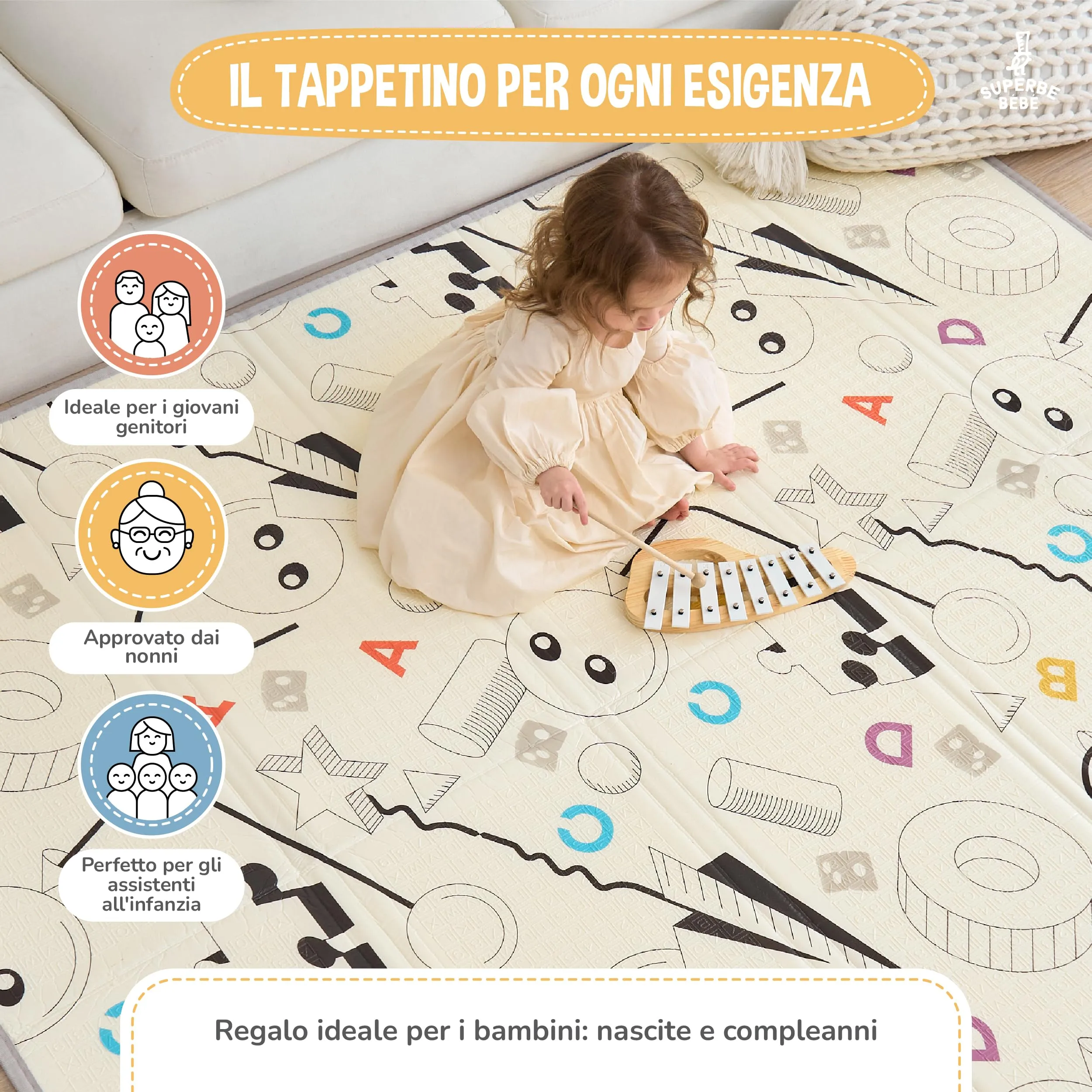 SUPERBE BEBE Tappeto Gioco Bambini Pieghevole Montessori 180x200x1.5cm Reversibile in Schiuma XPE - immagine 4
