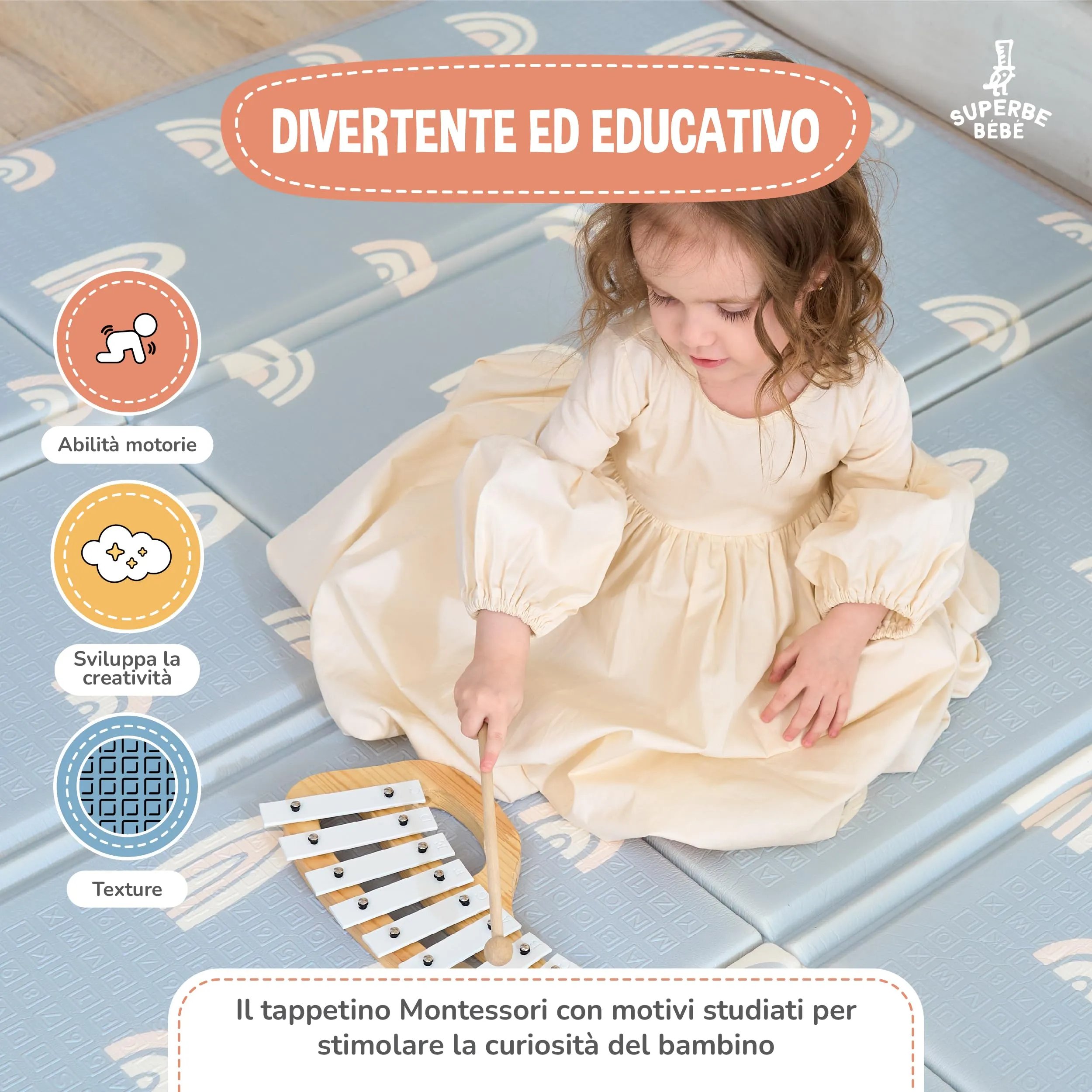 SUPERBE BEBE Tappeto Gioco Bambini Pieghevole Montessori 180x200x1.5cm Reversibile in Schiuma XPE - immagine 6