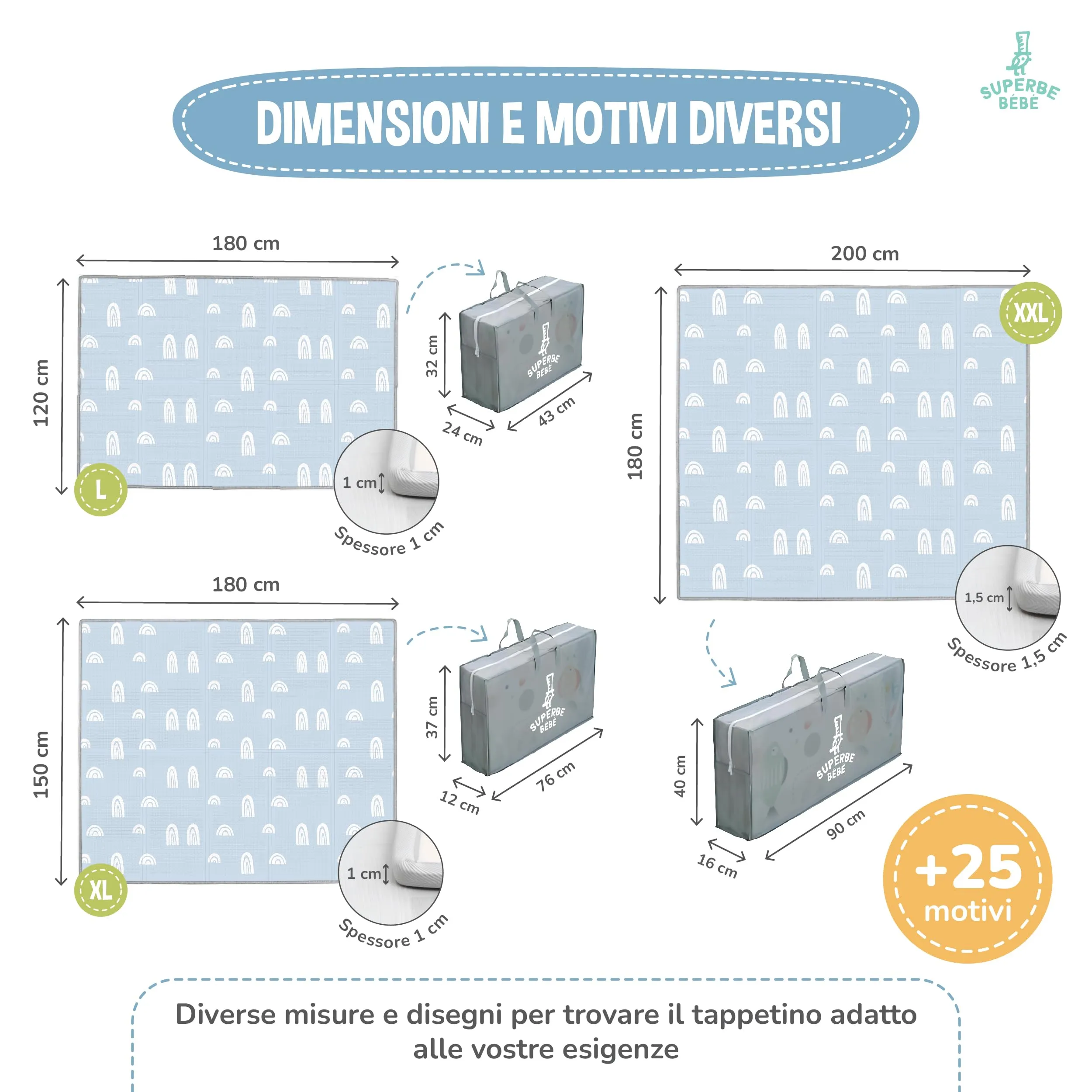 SUPERBE BEBE Tappeto Gioco Bambini Pieghevole Montessori 180x200x1.5cm Reversibile in Schiuma XPE - immagine 7