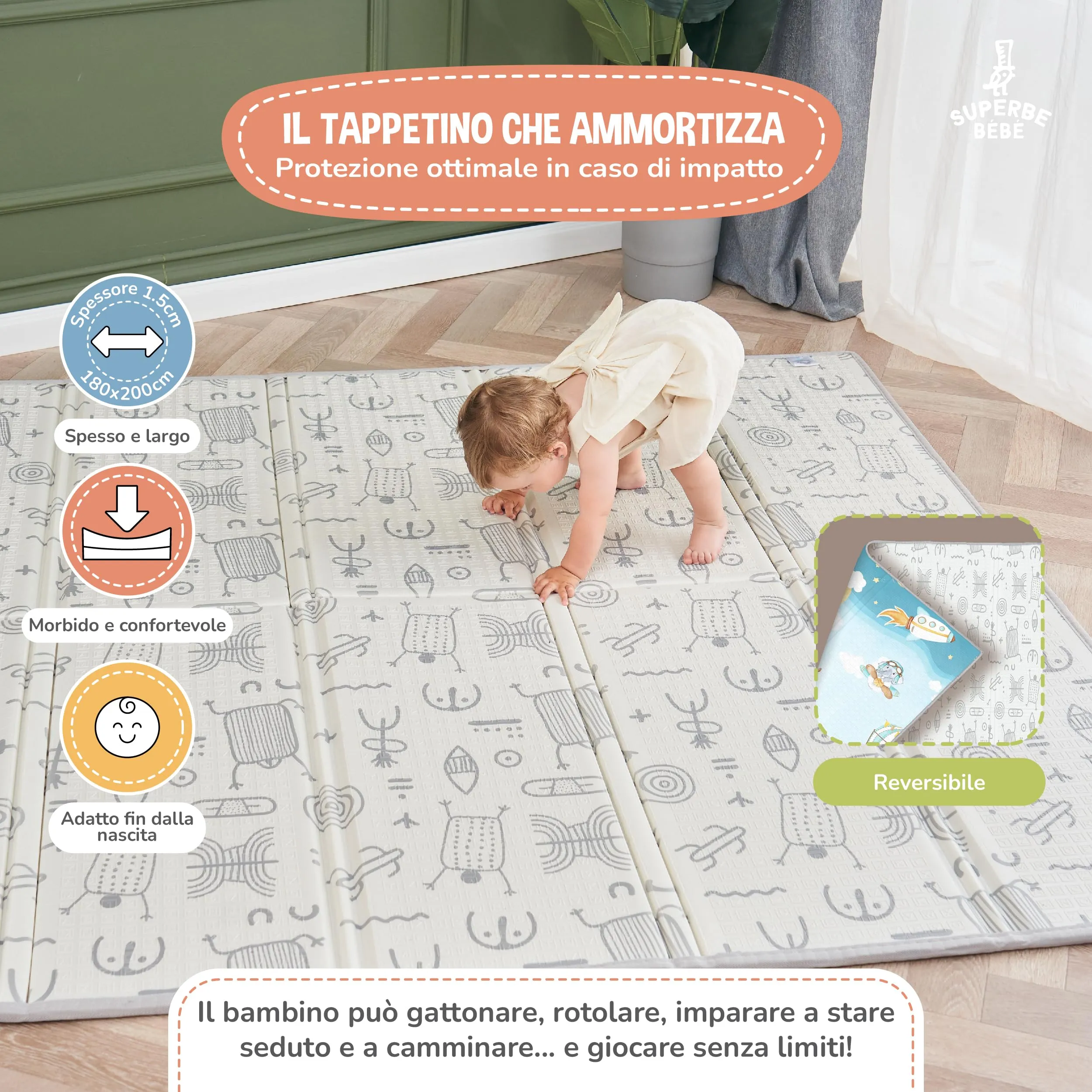 SUPERBE BEBE Tappeto Gioco Bambini Pieghevole 180x200x1.5cm Montessori Reversibile in Schiuma - immagine 2