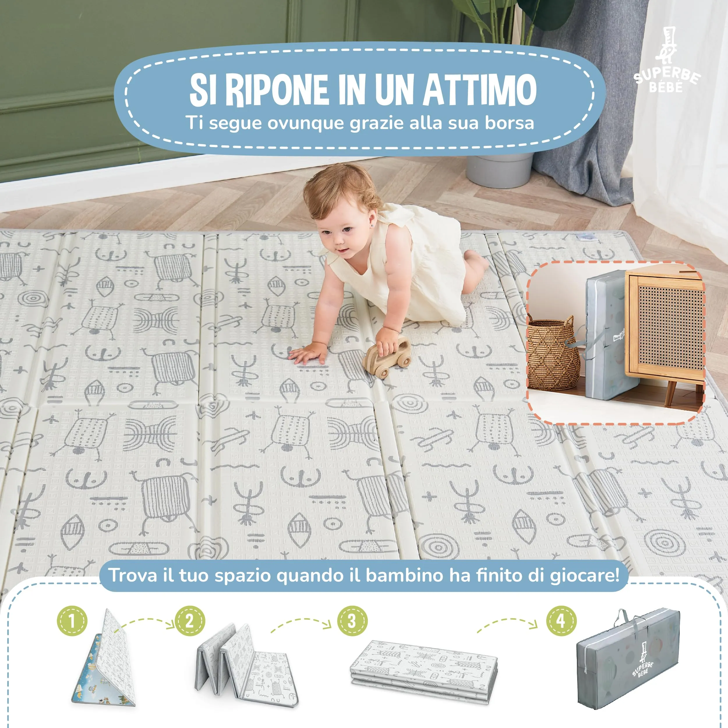 SUPERBE BEBE Tappeto Gioco Bambini Pieghevole 180x200x1.5cm Montessori Reversibile in Schiuma - immagine 3