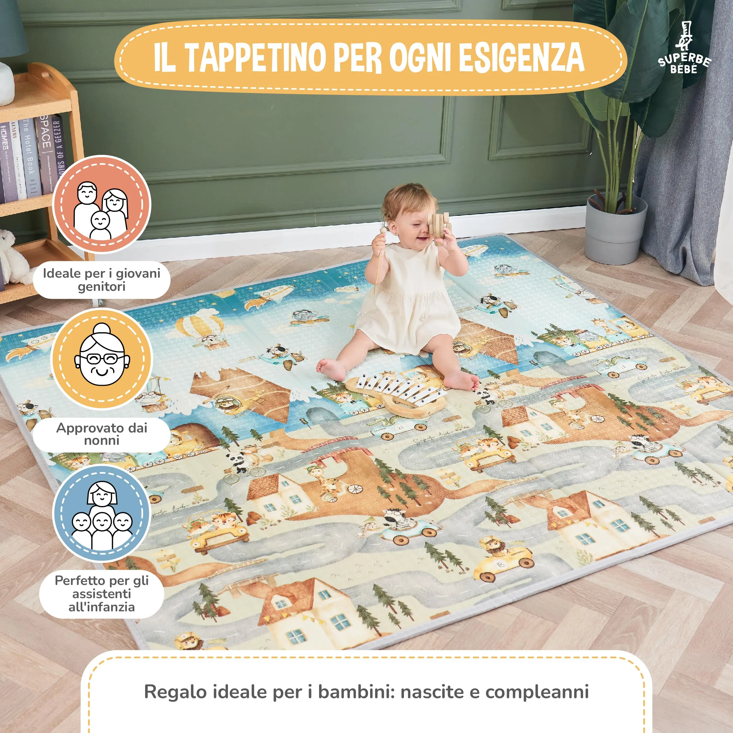 SUPERBE BEBE Tappeto Gioco Bambini Pieghevole 180x200x1.5cm Montessori Reversibile in Schiuma - immagine 4