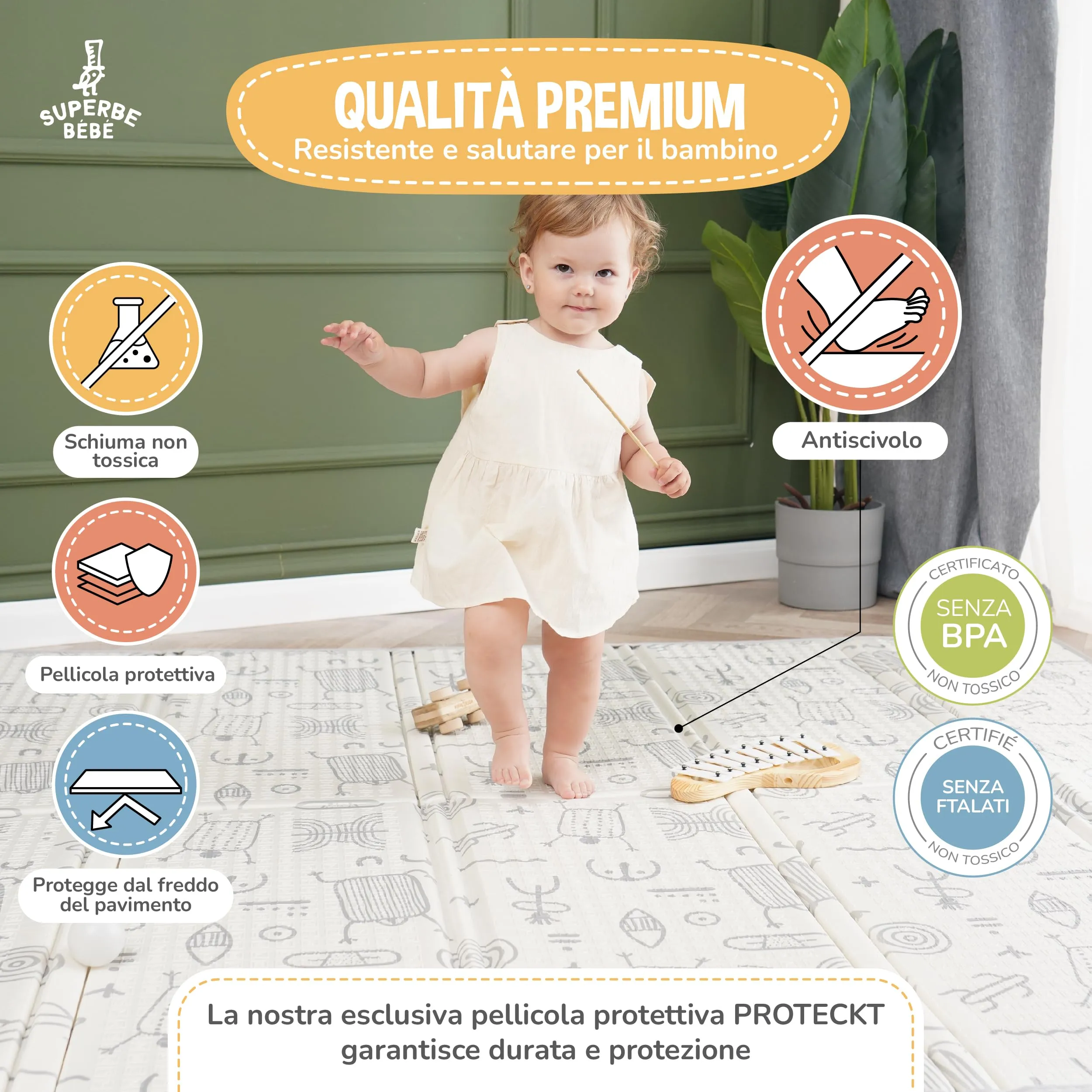 SUPERBE BEBE Tappeto Gioco Bambini Pieghevole 180x200x1.5cm Montessori Reversibile in Schiuma - immagine 5