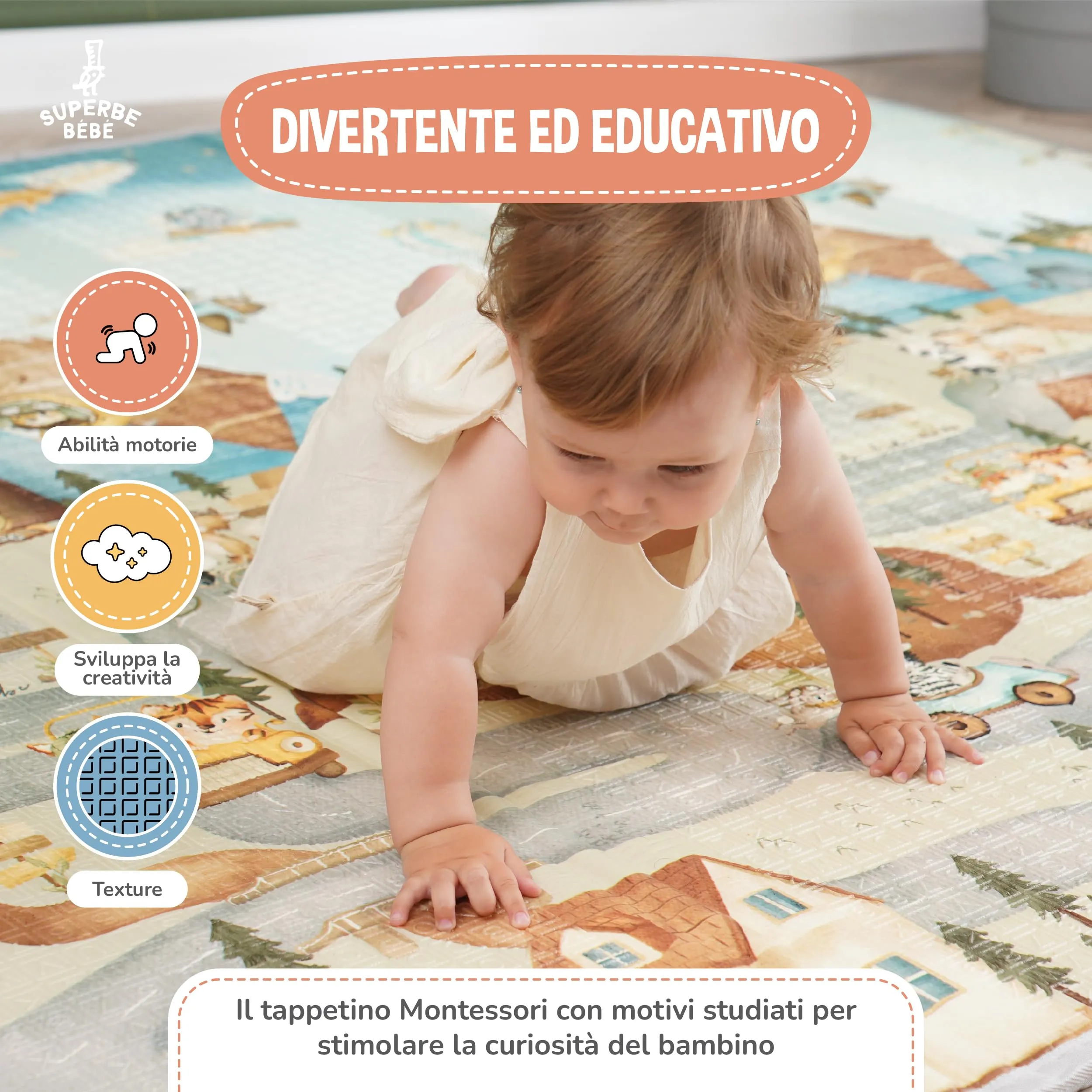 SUPERBE BEBE Tappeto Gioco Bambini Pieghevole 180x200x1.5cm Montessori Reversibile in Schiuma - immagine 6