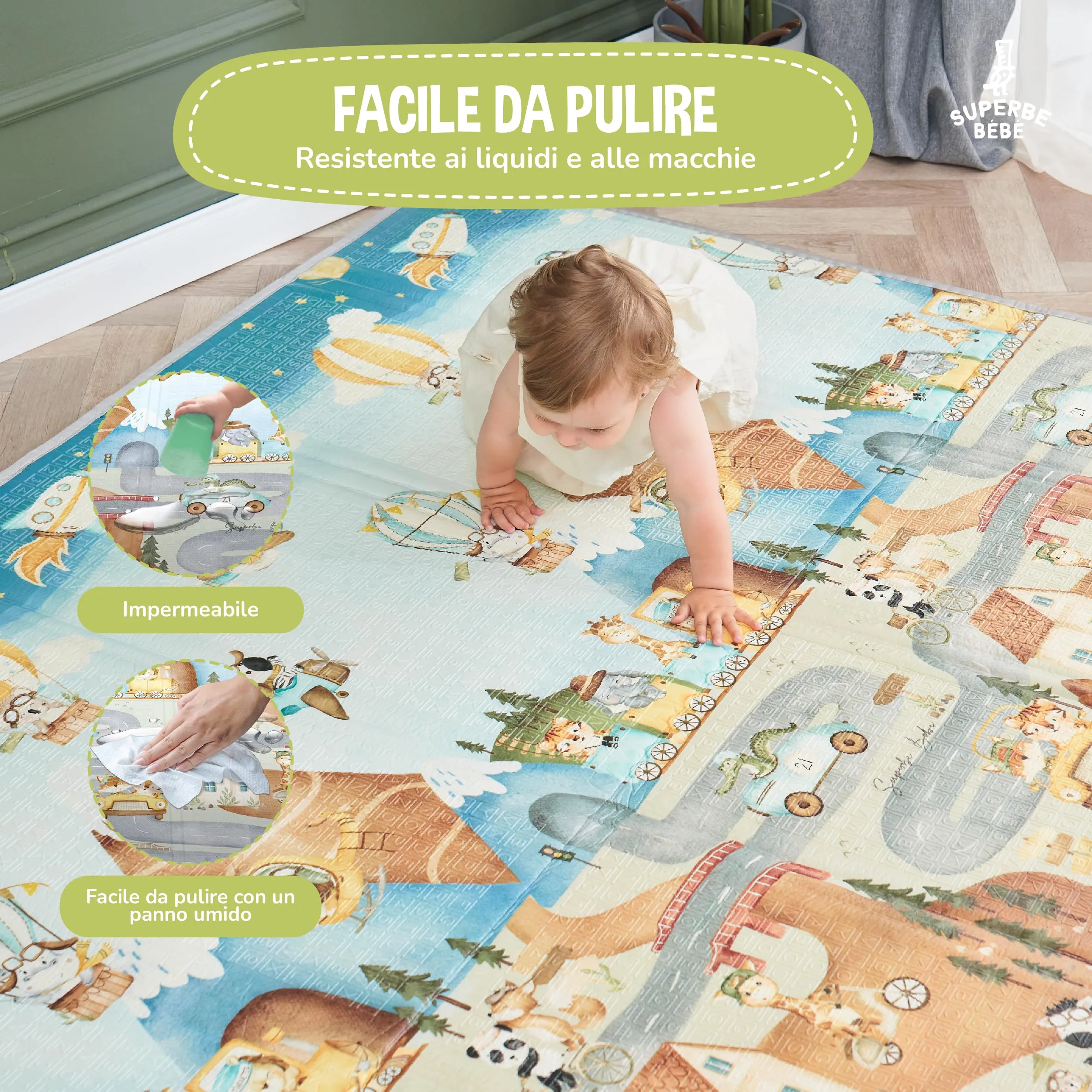 SUPERBE BEBE Tappeto Gioco Bambini Pieghevole 180x200x1.5cm Montessori Reversibile in Schiuma - immagine 8