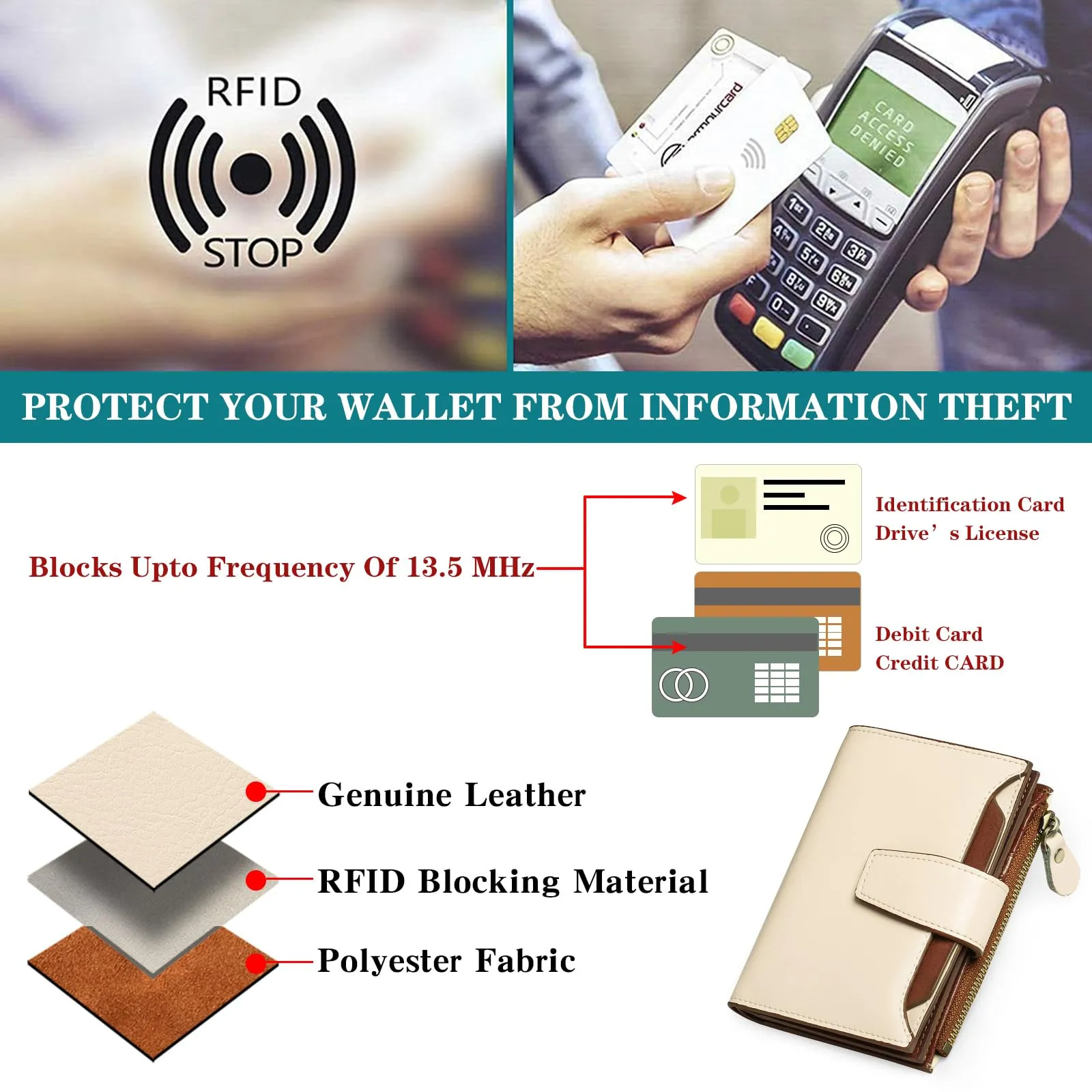 SENDEFN Portafoglio Donna in Pelle Vera con RFID Blocking, 14 Slot Carte e Portamonete con Cerniera - immagine 6