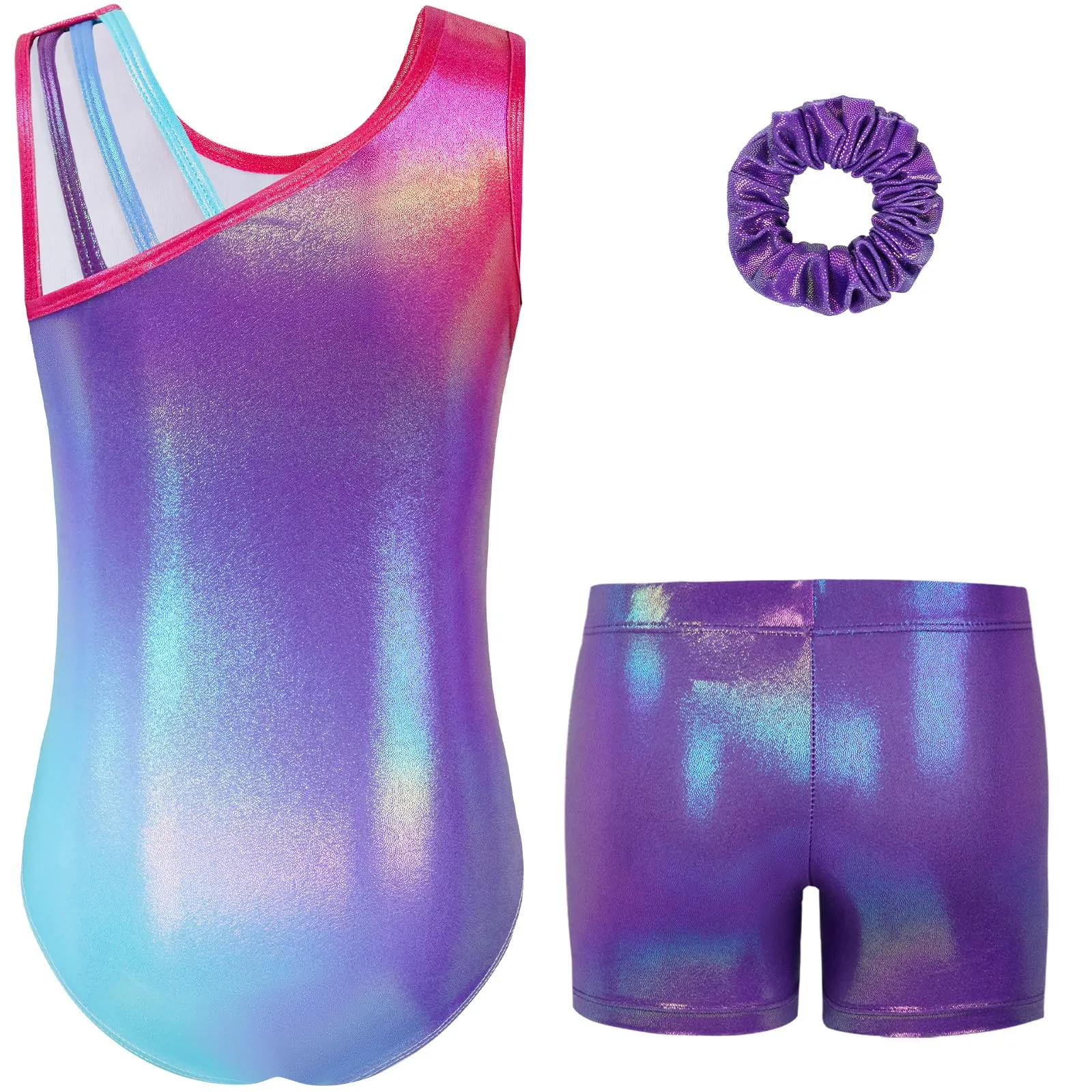Gogokids Set da ginnastica a tre pezzi per ragazze, body senza maniche, pantaloncini e fascia, design sfumato, 130 (8-9Y) - immagine 6