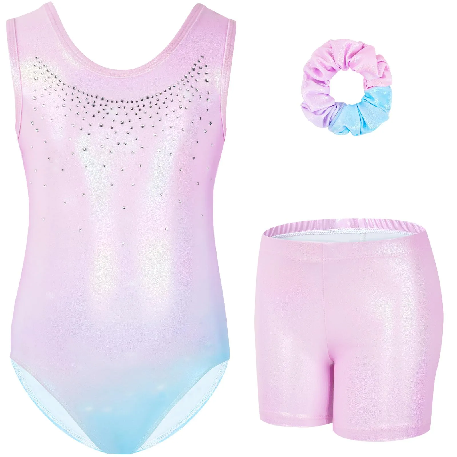 Gogokids Set da ginnastica 3 pezzi per ragazze, body senza maniche, pantaloncini e fascia, Rosa blu, 130 - immagine 1