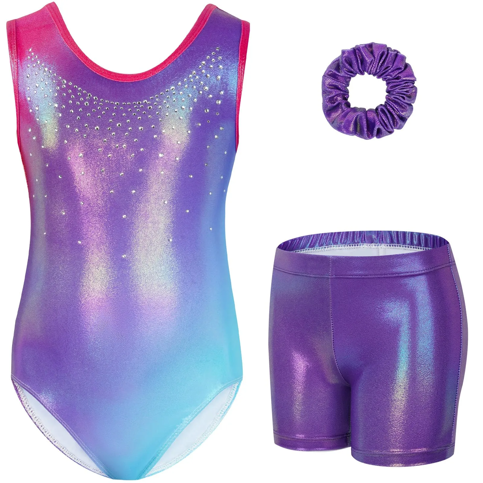 Gogokids Set da Ginnastica 3 Pezzi per Ragazze, Body senza Maniche, Pantaloncini e Fascia, Colori Sfumati, 140(130-140 cm, 9-10Y) - immagine 1