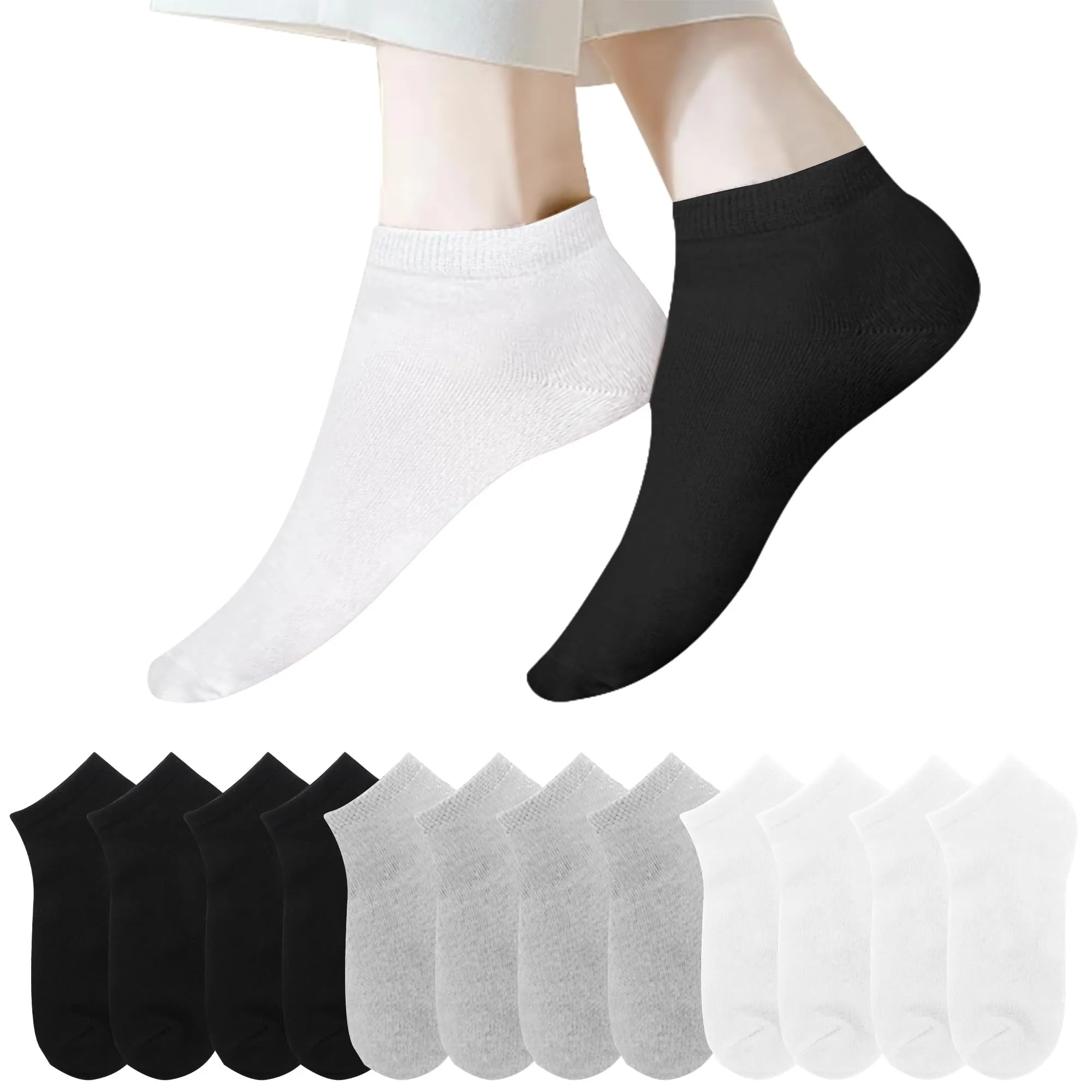 Lakpoau Calzini Corti Sportivi Unisex in Cotone Traspirante, 12 Paia, 35-38, Bianchi Neri Grigio - immagine 1