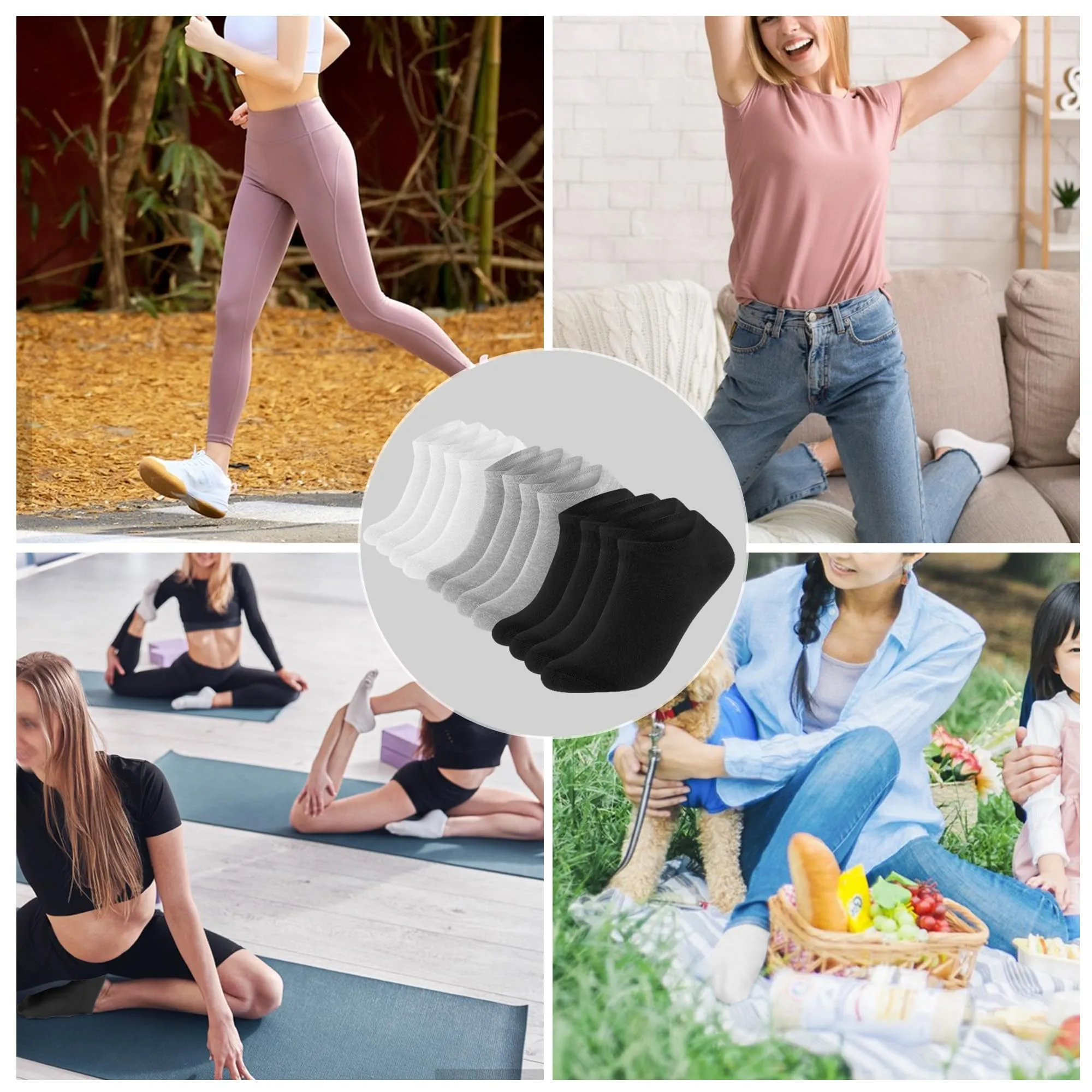 Lakpoau Calzini Corti Sportivi Unisex in Cotone Traspirante, 12 Paia, 35-38, Bianchi Neri Grigio - immagine 2