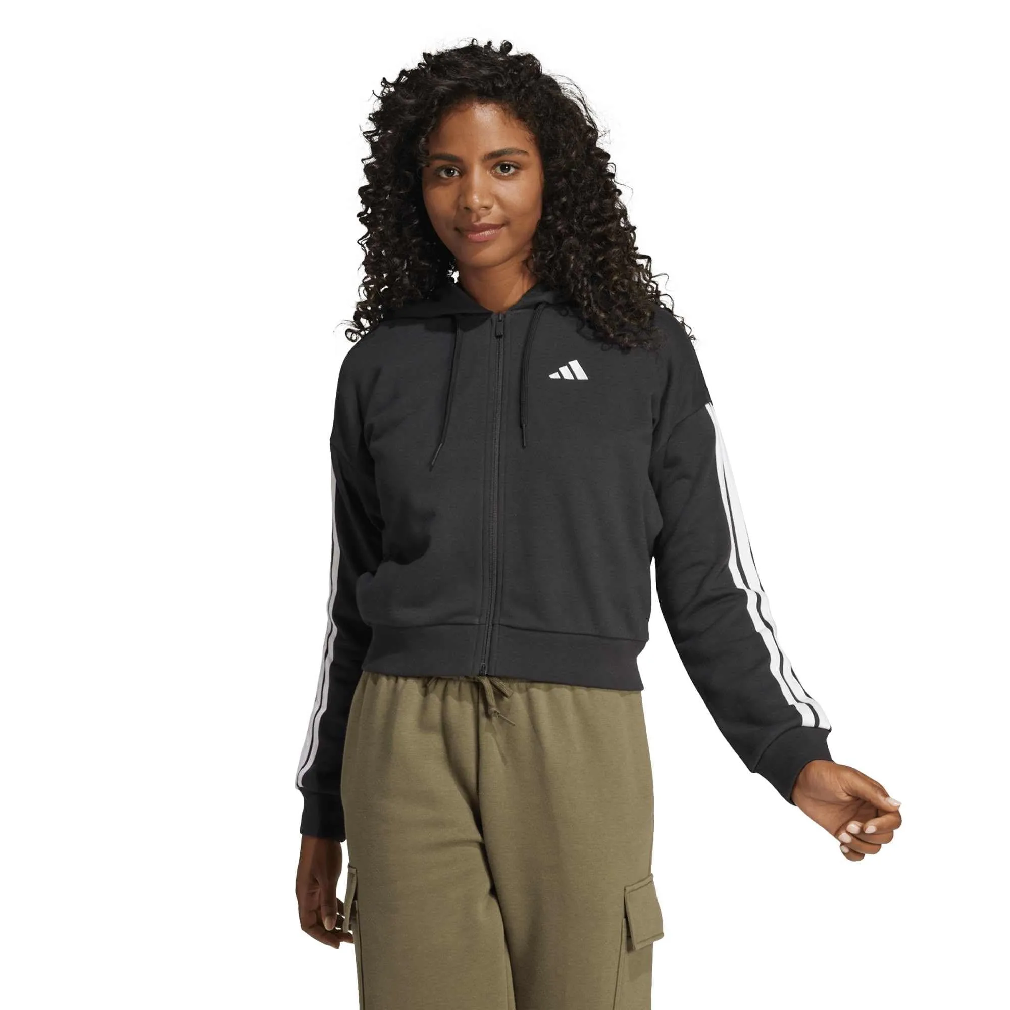 adidas Donna Essentials 3-Stripes French Terry Full Zip Hoodie Sweatshirt, Black/White, XXS - immagine 2