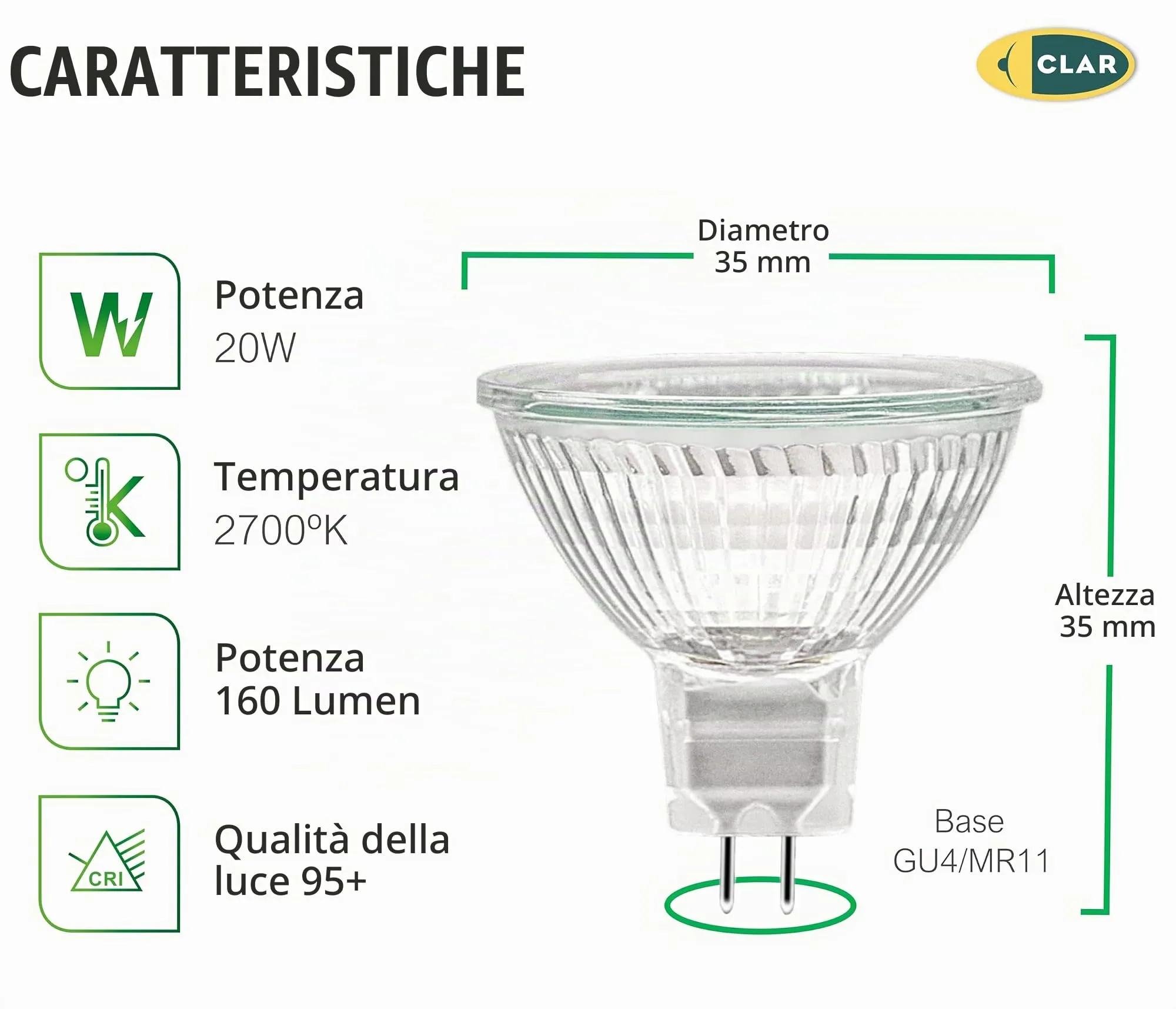 CLAR Lampadine Alogene MR11 GU4 12V 20W Luce Bianca Calda (Confezione da 10) - immagine 2