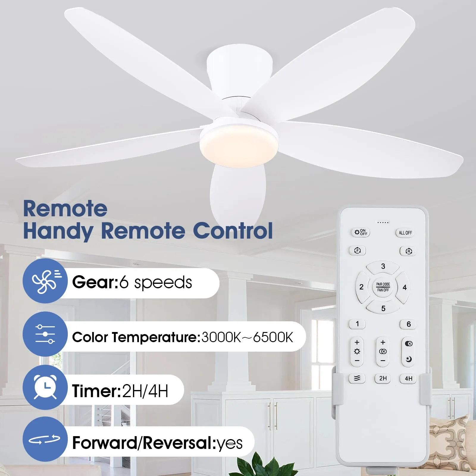 Surtime Ventilatore a soffitto 106cm con luce LED dimmerabile, Motore DC reversibile, Controllo Remoto e APP, Bianco - immagine 2