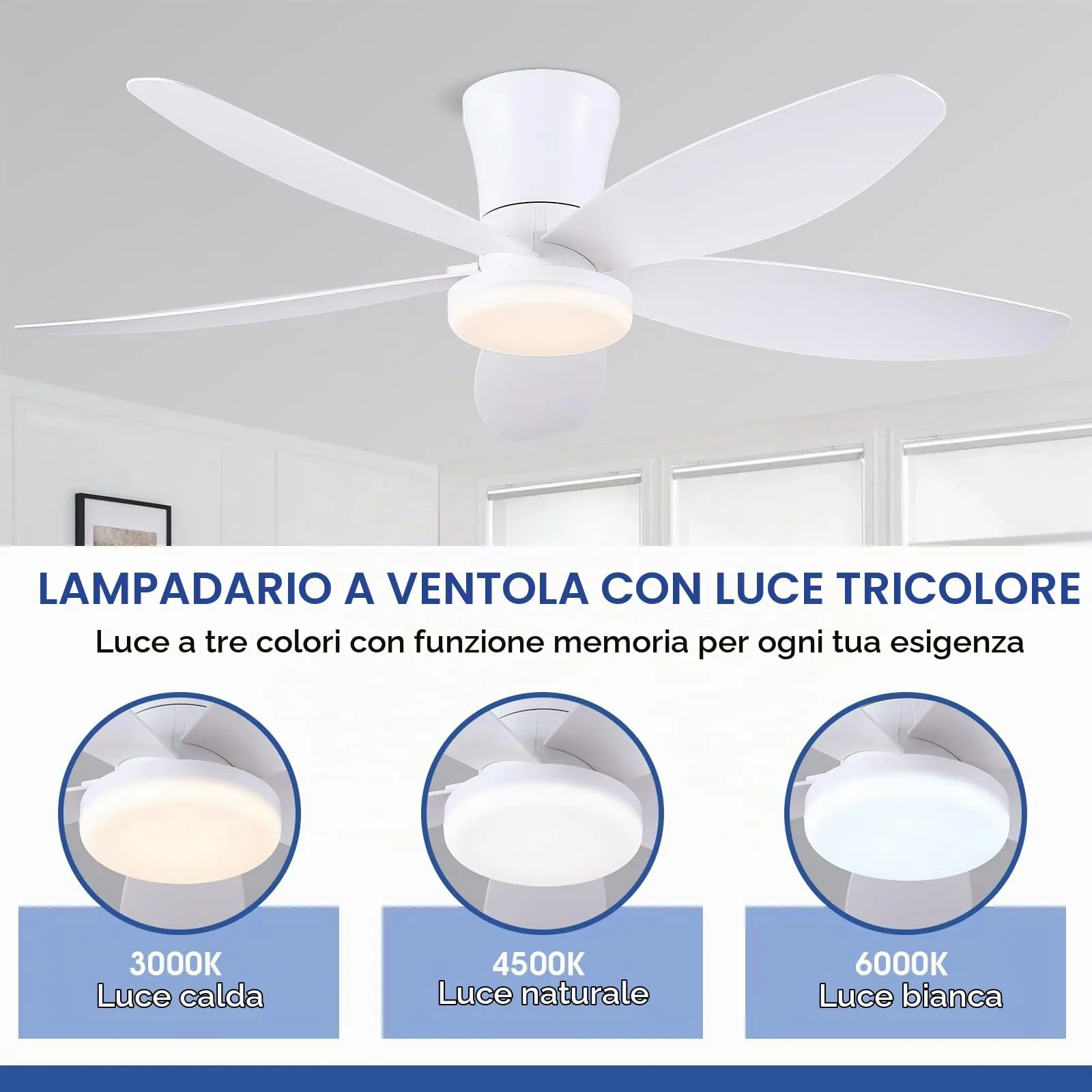 Surtime Ventilatore a soffitto 106cm con luce LED dimmerabile, Motore DC reversibile, Controllo Remoto e APP, Bianco - immagine 3