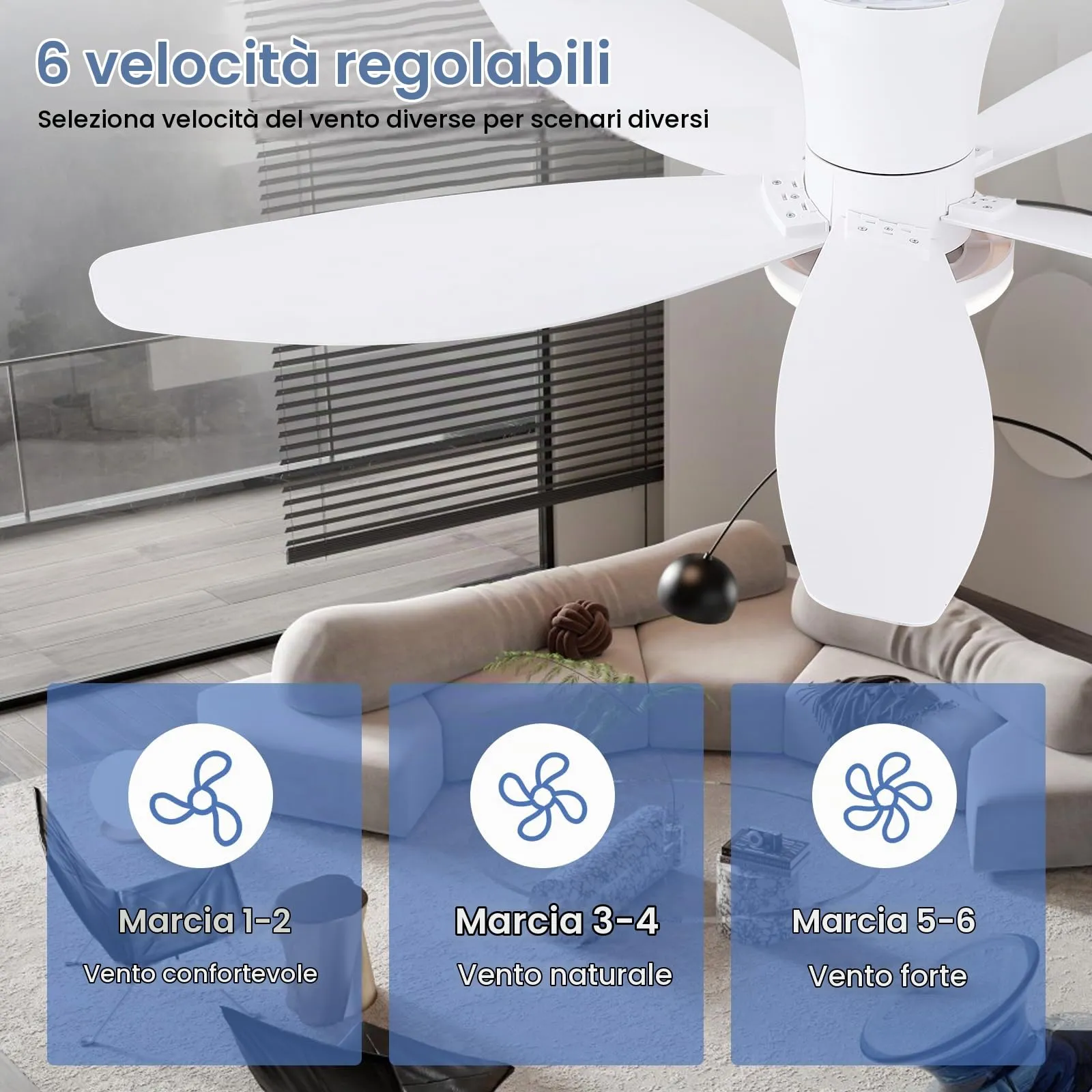 Surtime Ventilatore a soffitto 106cm con luce LED dimmerabile, Motore DC reversibile, Controllo Remoto e APP, Bianco - immagine 5