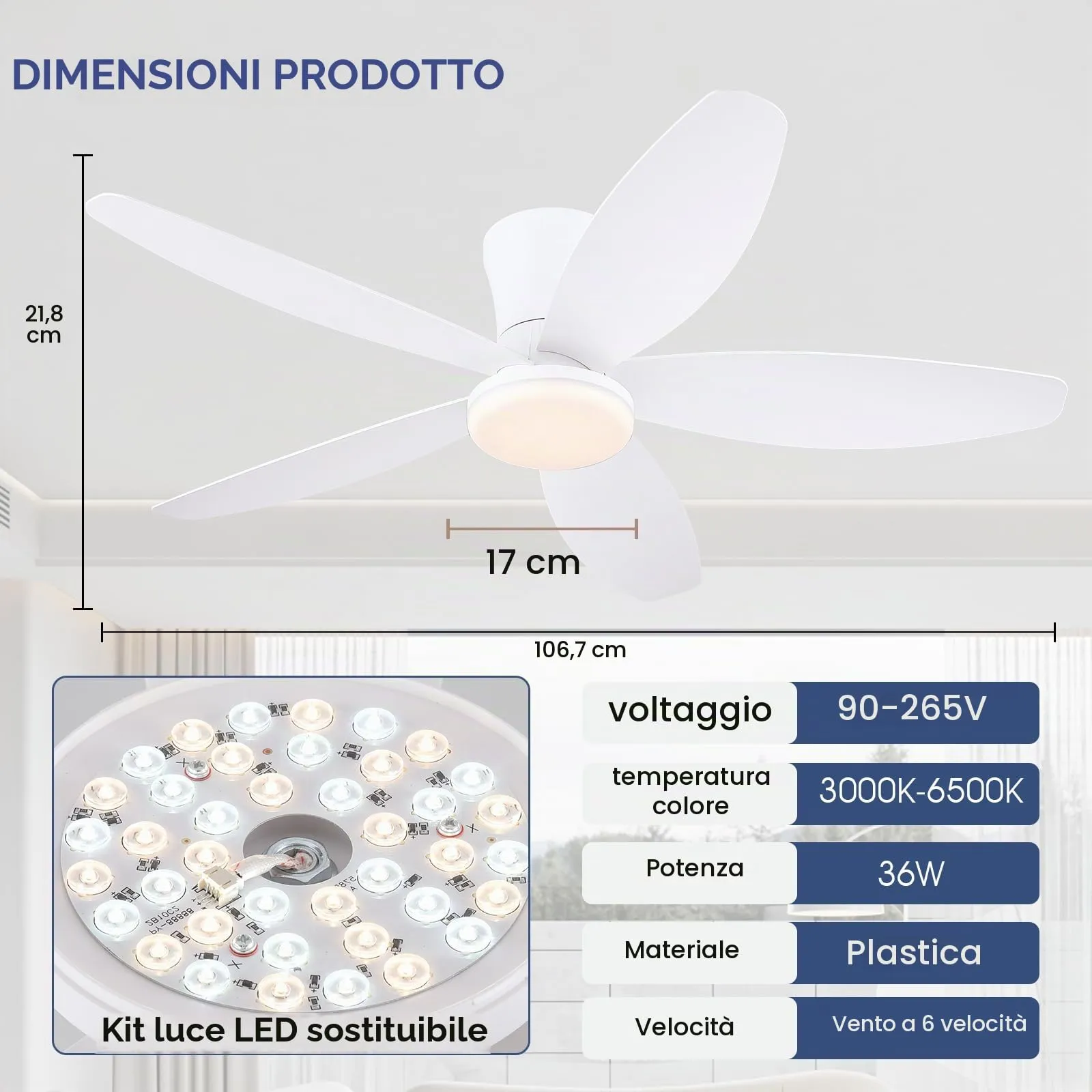 Surtime Ventilatore a soffitto 106cm con luce LED dimmerabile, Motore DC reversibile, Controllo Remoto e APP, Bianco - immagine 6