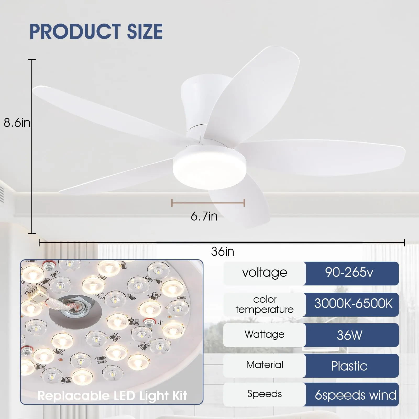 Surtime Ventilatore a Soffitto 92cm con Luce LED Dimmabile, Controllo Remoto/APP, Motore DC Reversibile, Bianco - immagine 7