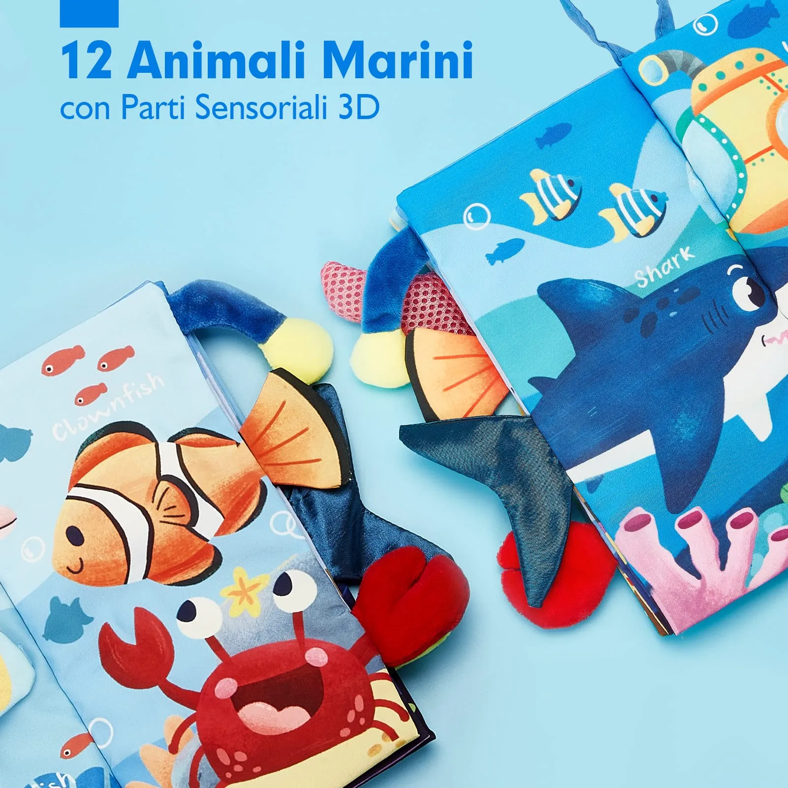 hahaland Libro Tattile in Stoffa per Neonati 0-6 Mesi, 12 Animali Marini - immagine 2