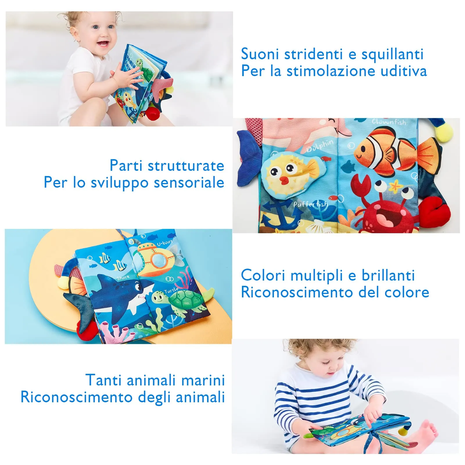 hahaland Libro Tattile in Stoffa per Neonati 0-6 Mesi, 12 Animali Marini - immagine 3