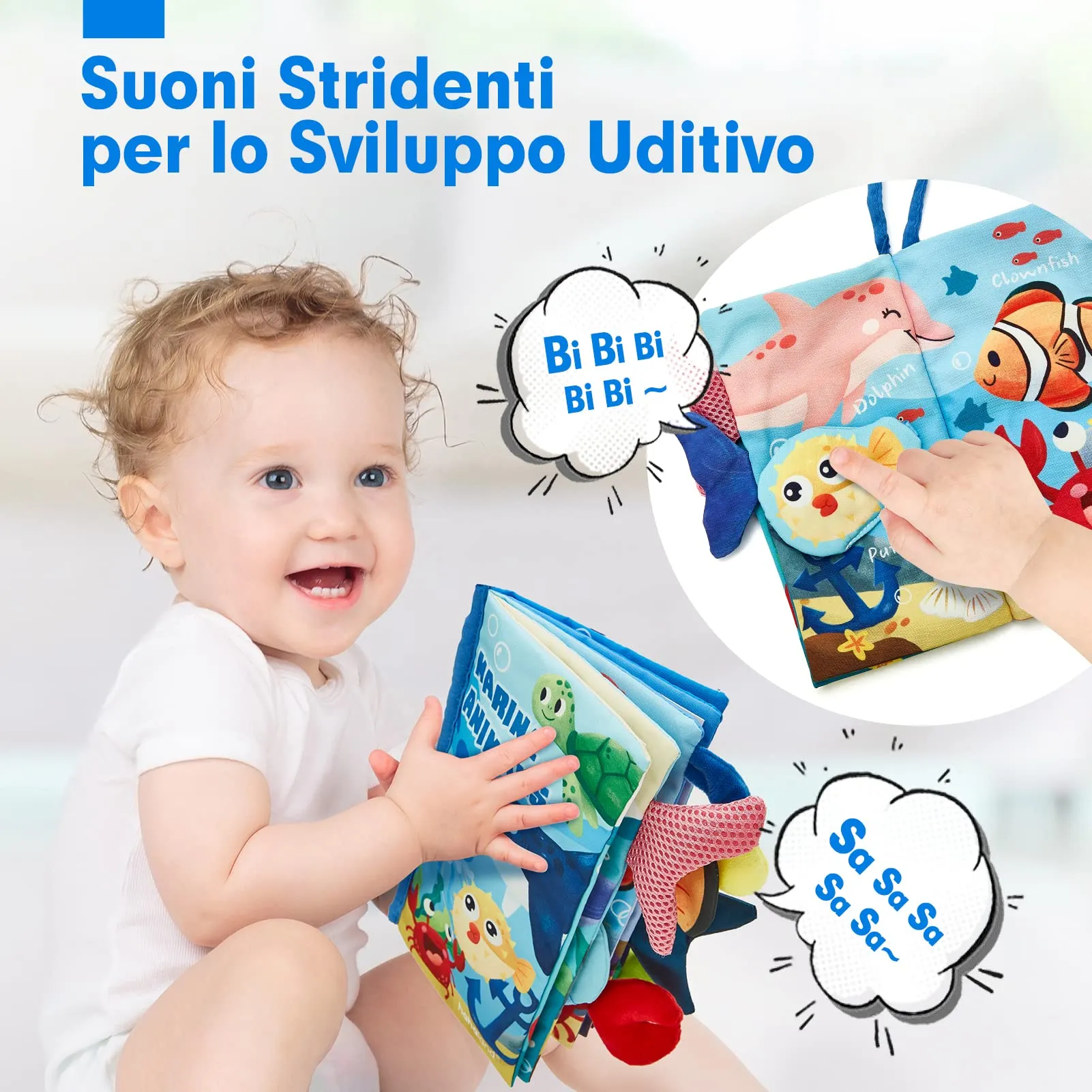 hahaland Libro Tattile in Stoffa per Neonati 0-6 Mesi, 12 Animali Marini - immagine 4