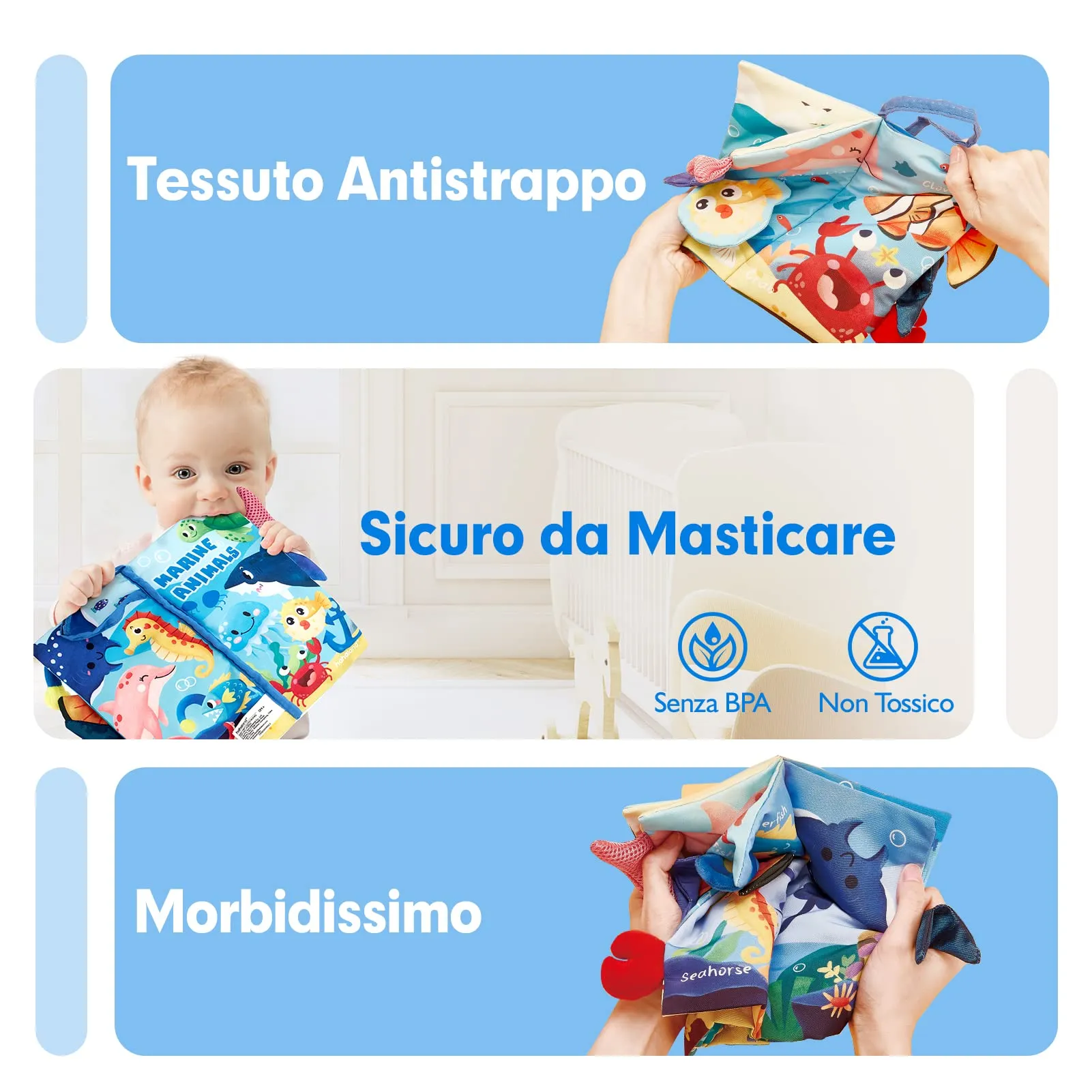 hahaland Libro Tattile in Stoffa per Neonati 0-6 Mesi, 12 Animali Marini - immagine 6