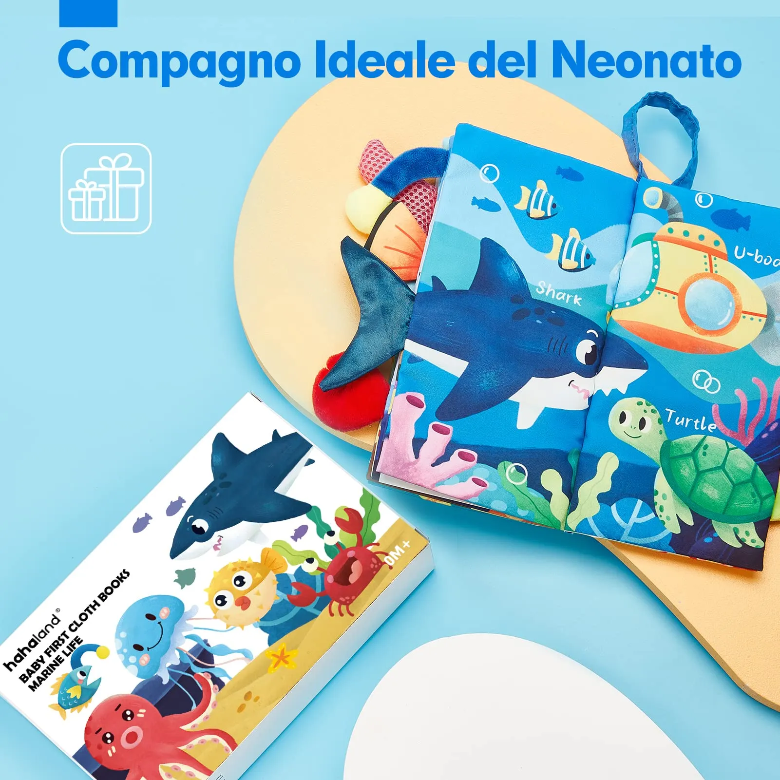 hahaland Libro Tattile in Stoffa per Neonati 0-6 Mesi, 12 Animali Marini - immagine 7