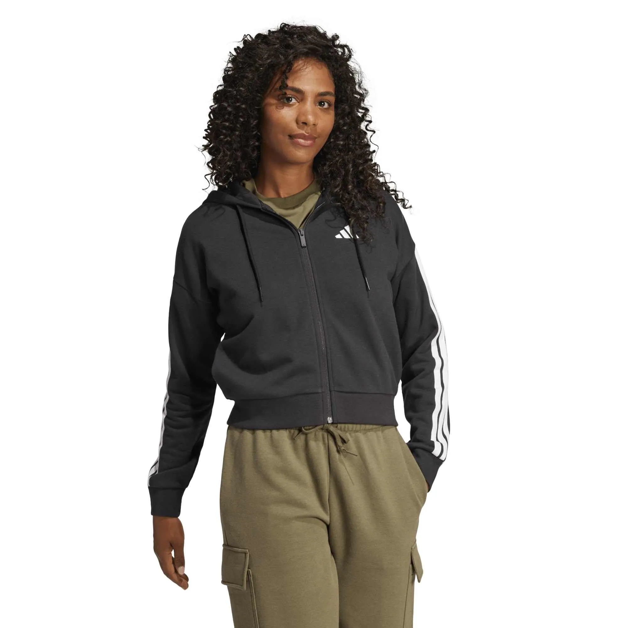 adidas Donna Essentials 3-Stripes French Terry Full Zip Hoodie Sweatshirt, Black/White, M - immagine 5