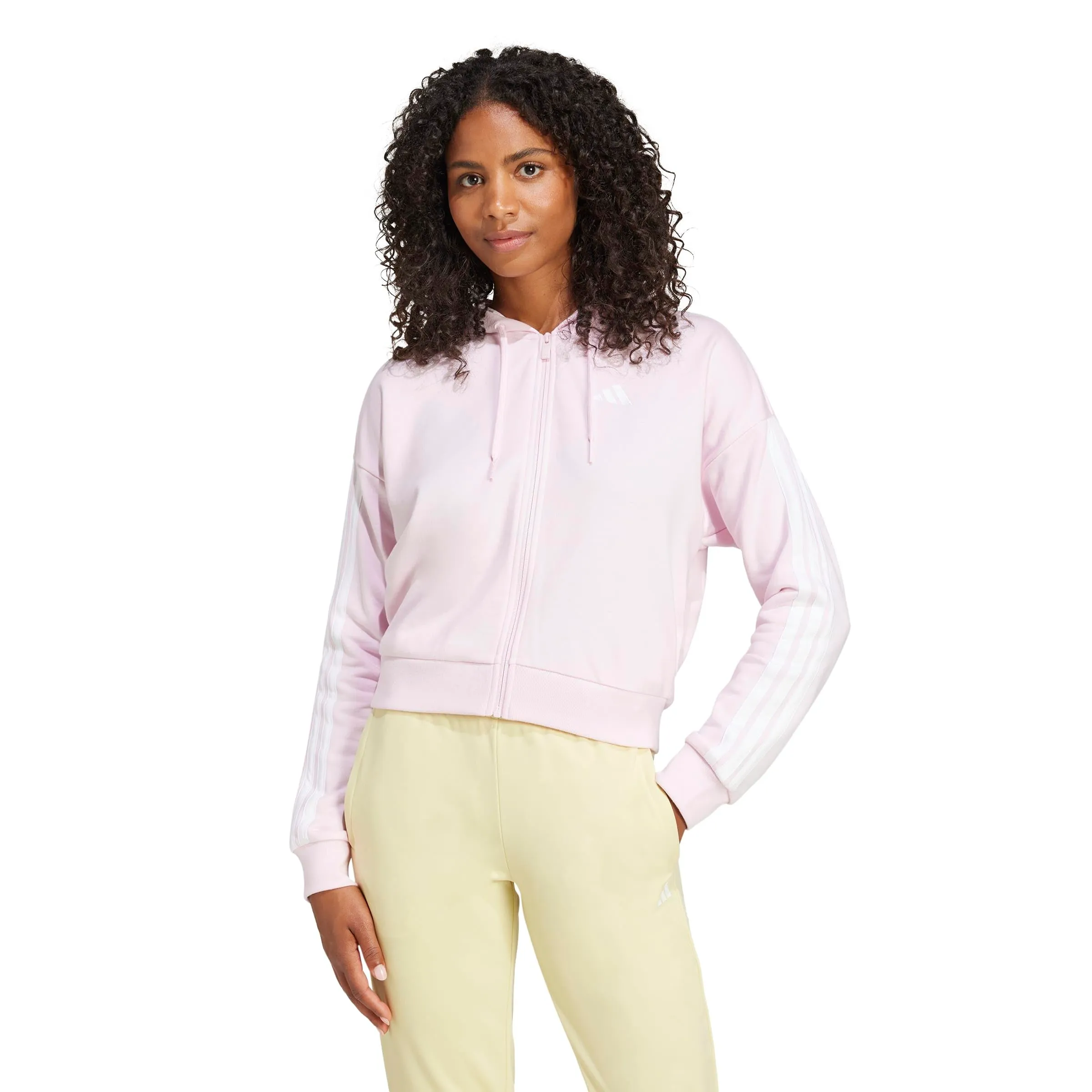 adidas Essentials 3-Stripes French Terry Full Zip Hoodie, Clear Pink/White, XS - immagine 4