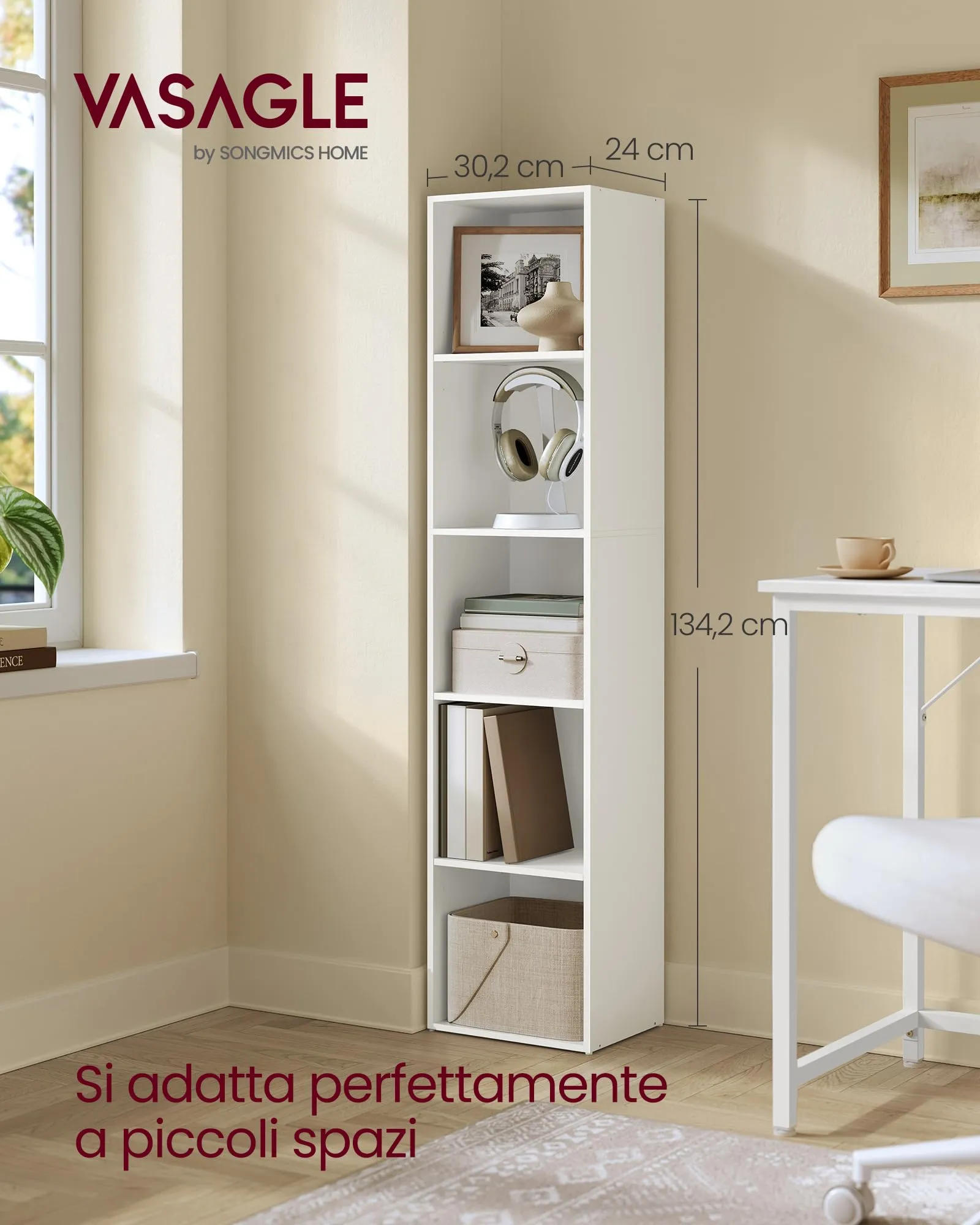 VASAGLE Custos Libreria a 5 Ripiani, 24 x 30,2 x 134,2 cm, Bianco Nuvola LBC419W01 - immagine 3