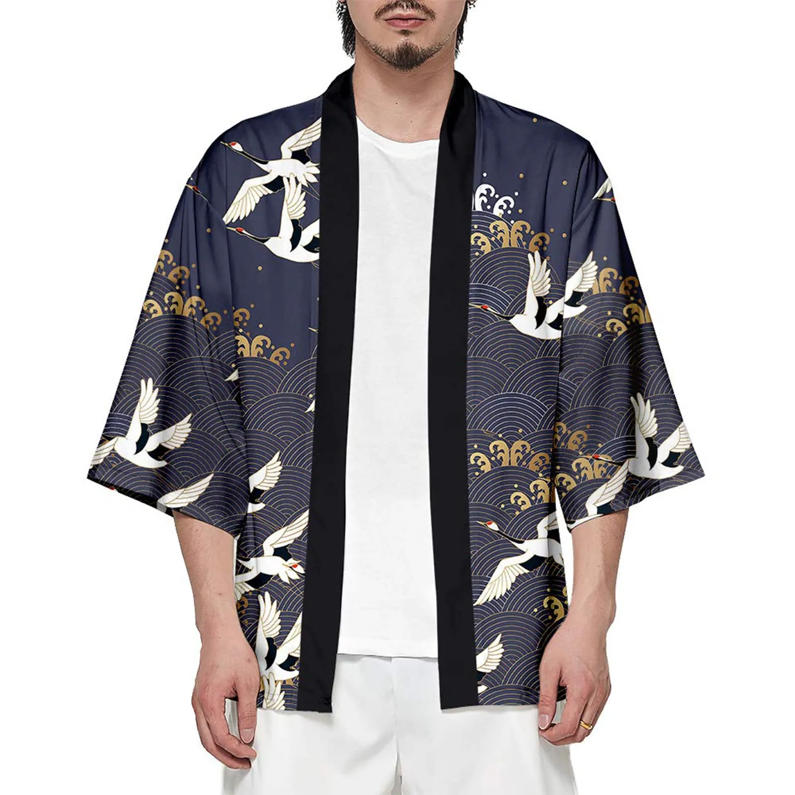 CIZEUR Cardigan Kimono Uomo Giapponese Maniche 3/4 Fantasia Gru, S Cranes - immagine 1