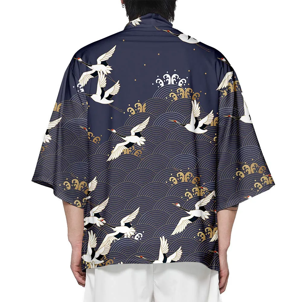 CIZEUR Cardigan Kimono Uomo Giapponese Maniche 3/4 Fantasia Gru, S Cranes - immagine 2