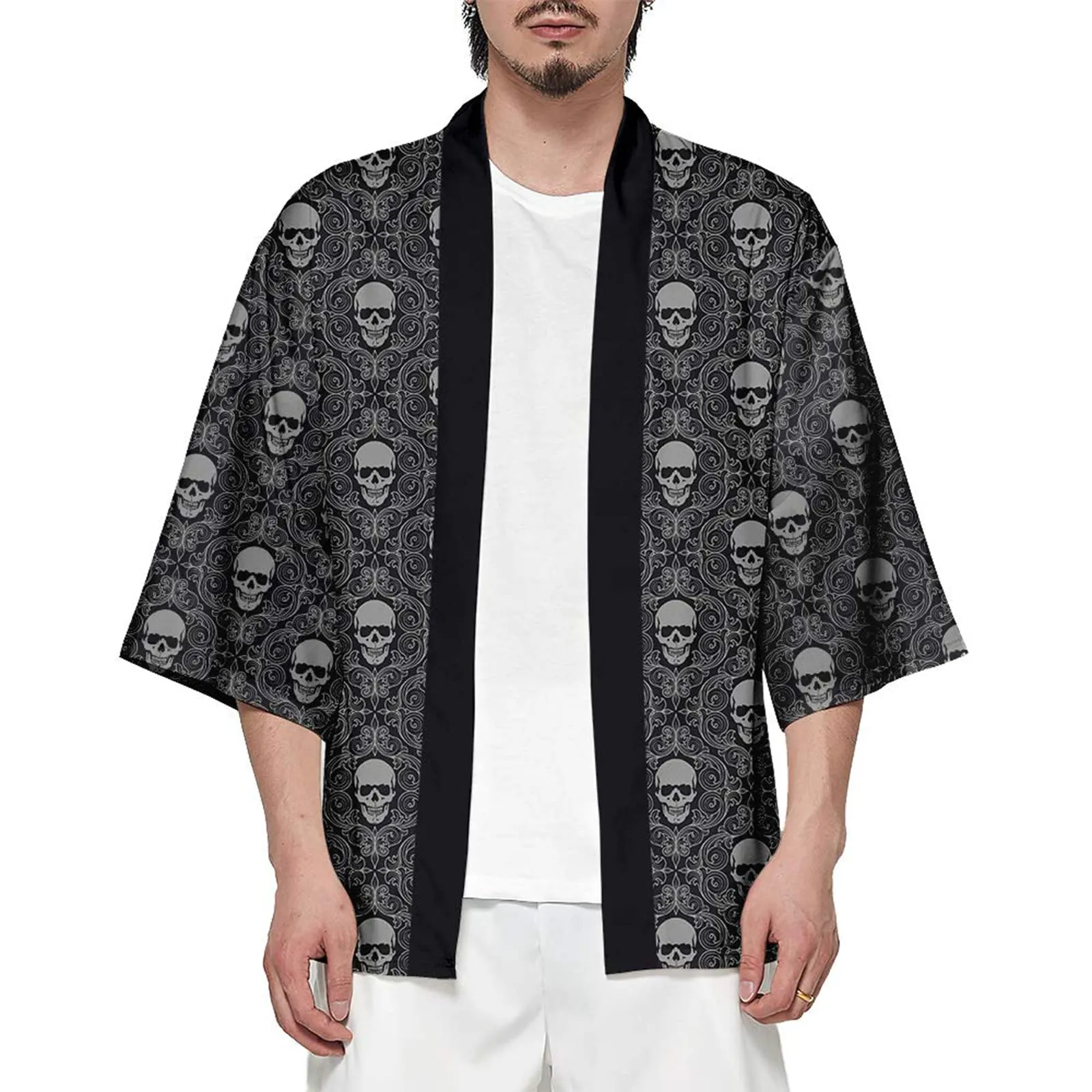 CIZEUR Cardigan Kimono Uomo Giapponese Maniche 3/4 Fantasia Skull, XL - immagine 1